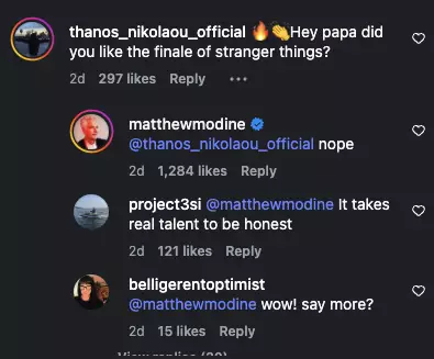 He didn't hold back his thoughts on the show's finale in a recent Instagram comment (Instagram/matthewmodine)