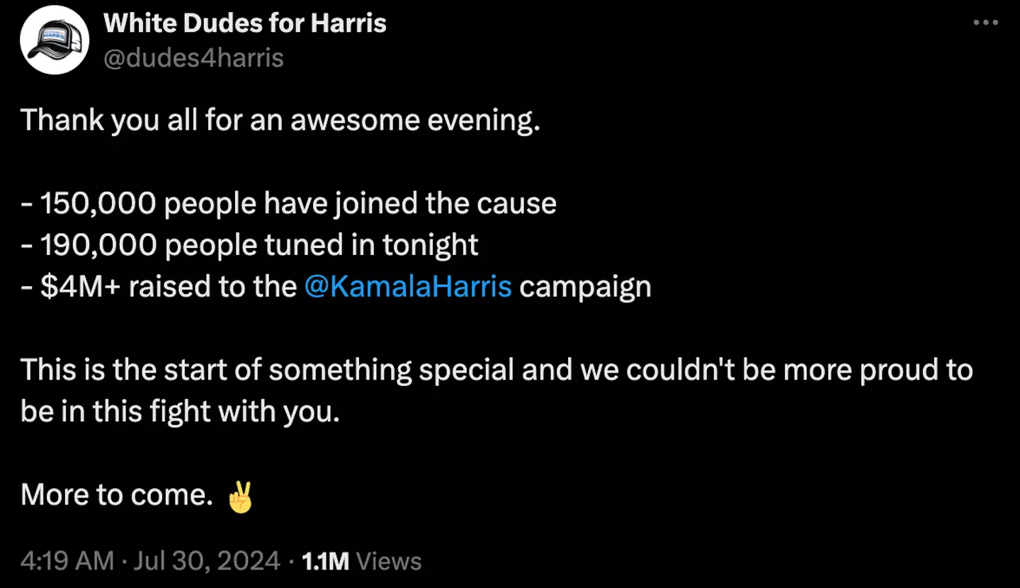 The group raised $4 million for Kamala Harris' presidential bid (X/@dudes4harris)