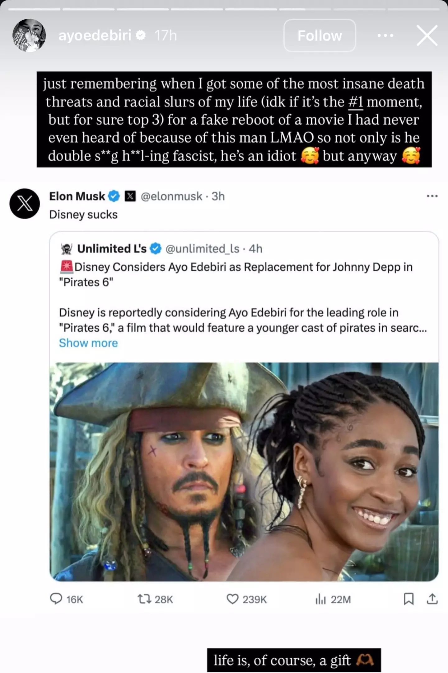 Edebiri's story revealed the horrific abuse that she suffered due to Musk's post on X (Instagram/@ayoedebiri)