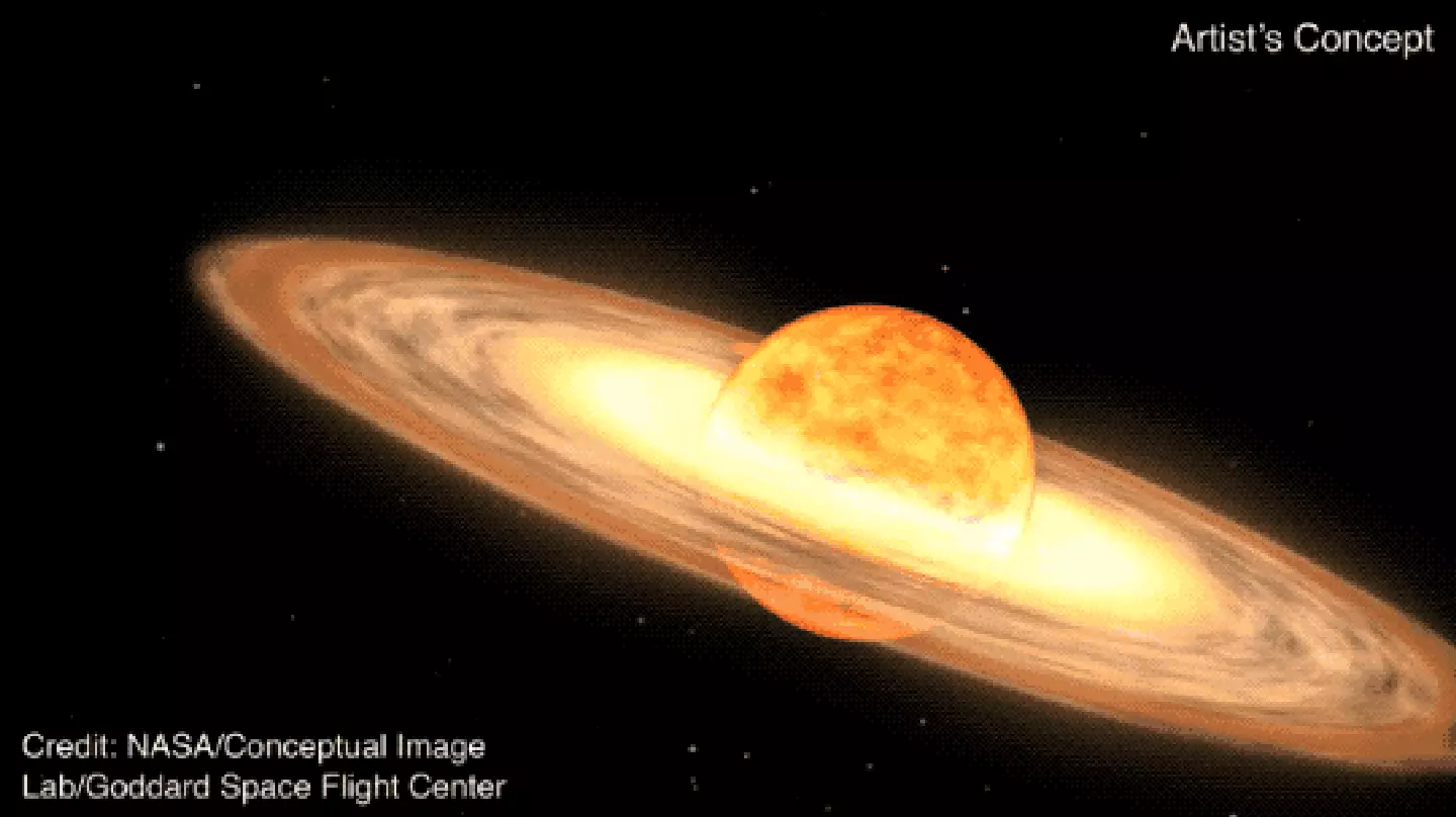 A red giant star and white dwarf orbit each other in this animation of a nova.