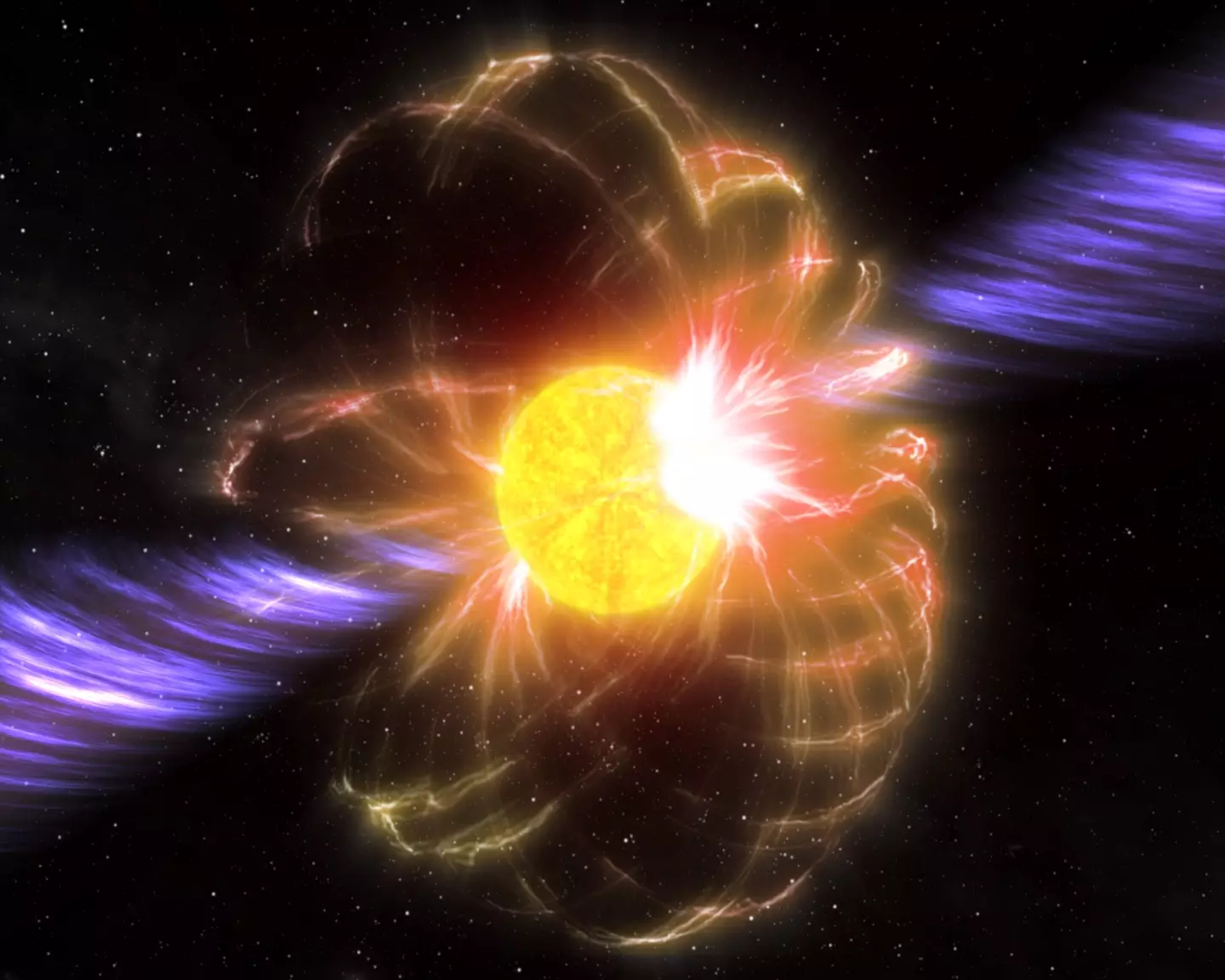 Artist’s impression of a magnetar with magnetic field and powerful jets.