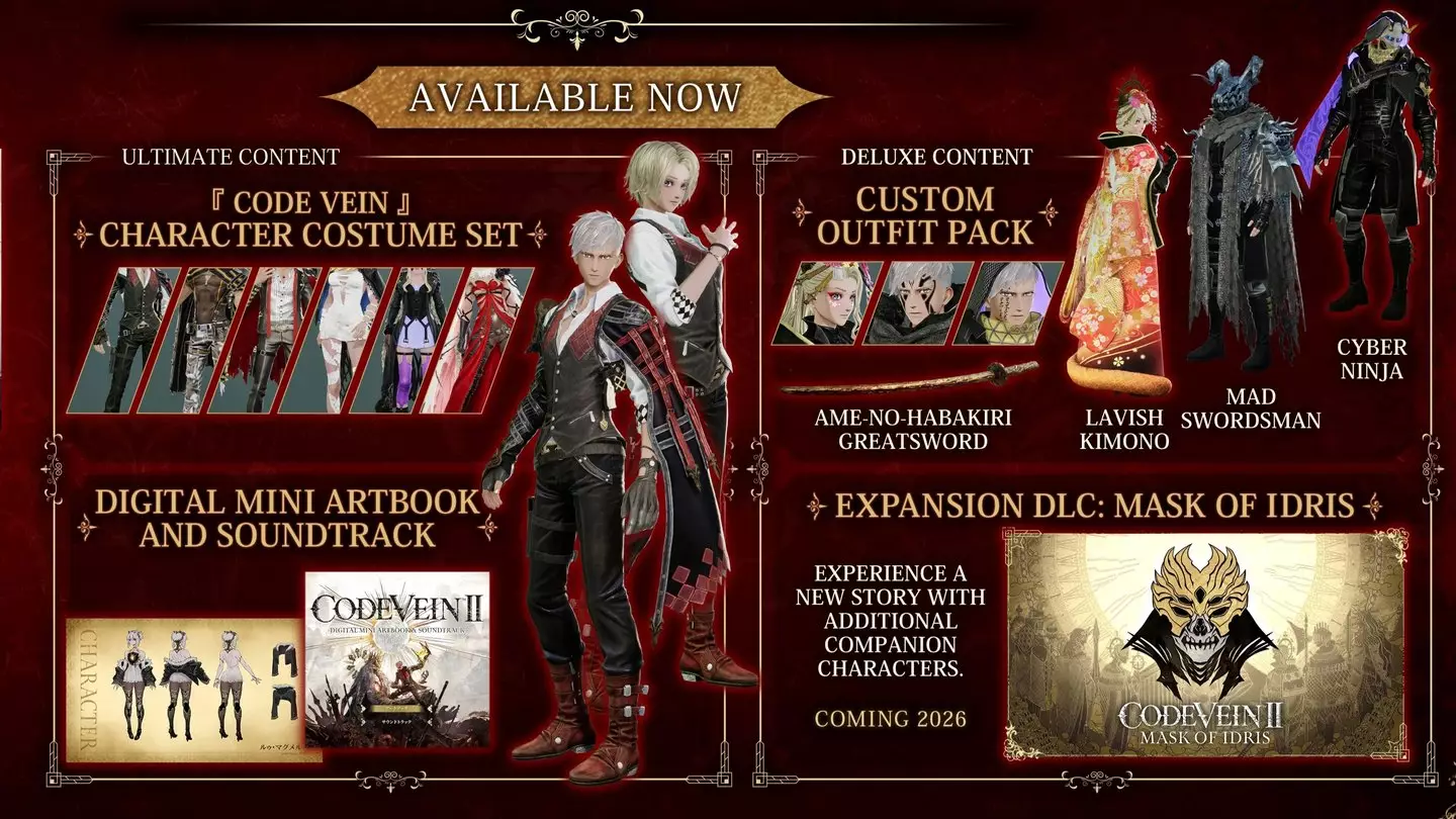 The Ultimate Edition character costume contents for Code Vein II, Bandai Namco