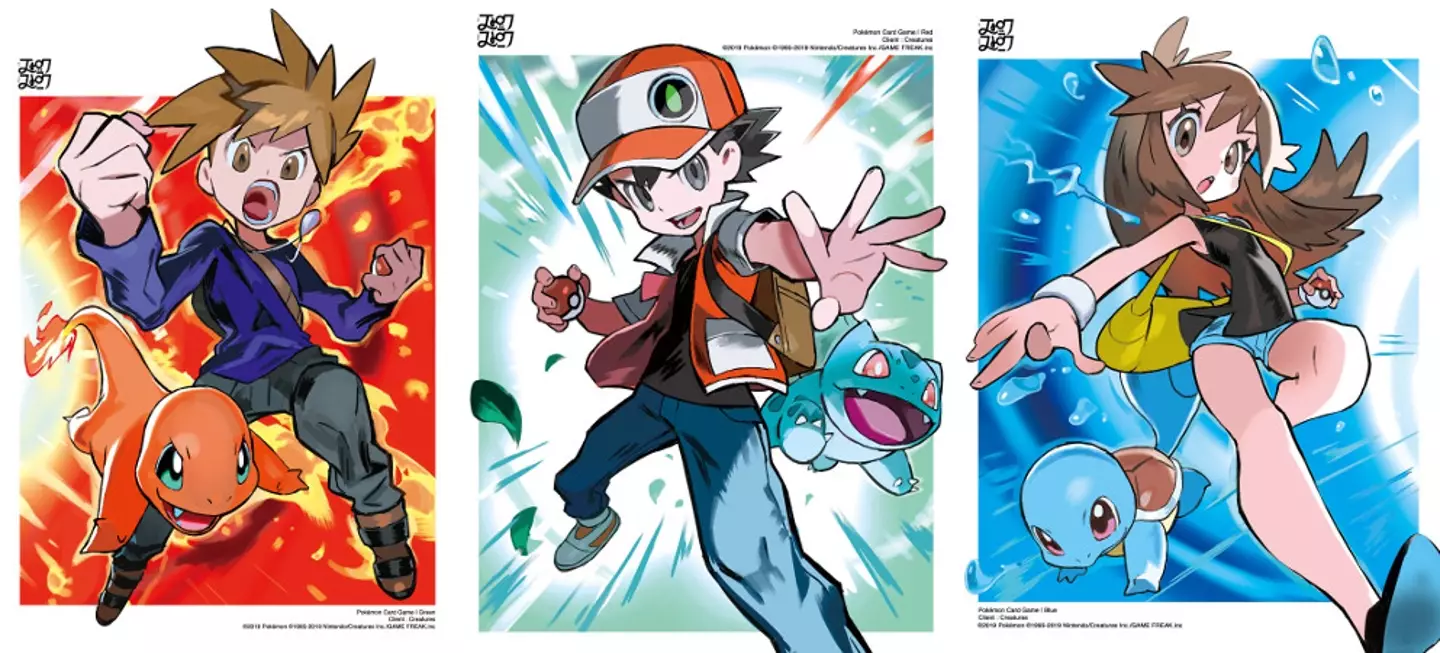 Official artwork from the 2019 Pokémon TCG featuring Blue, Red and Green, The Pokémon Company