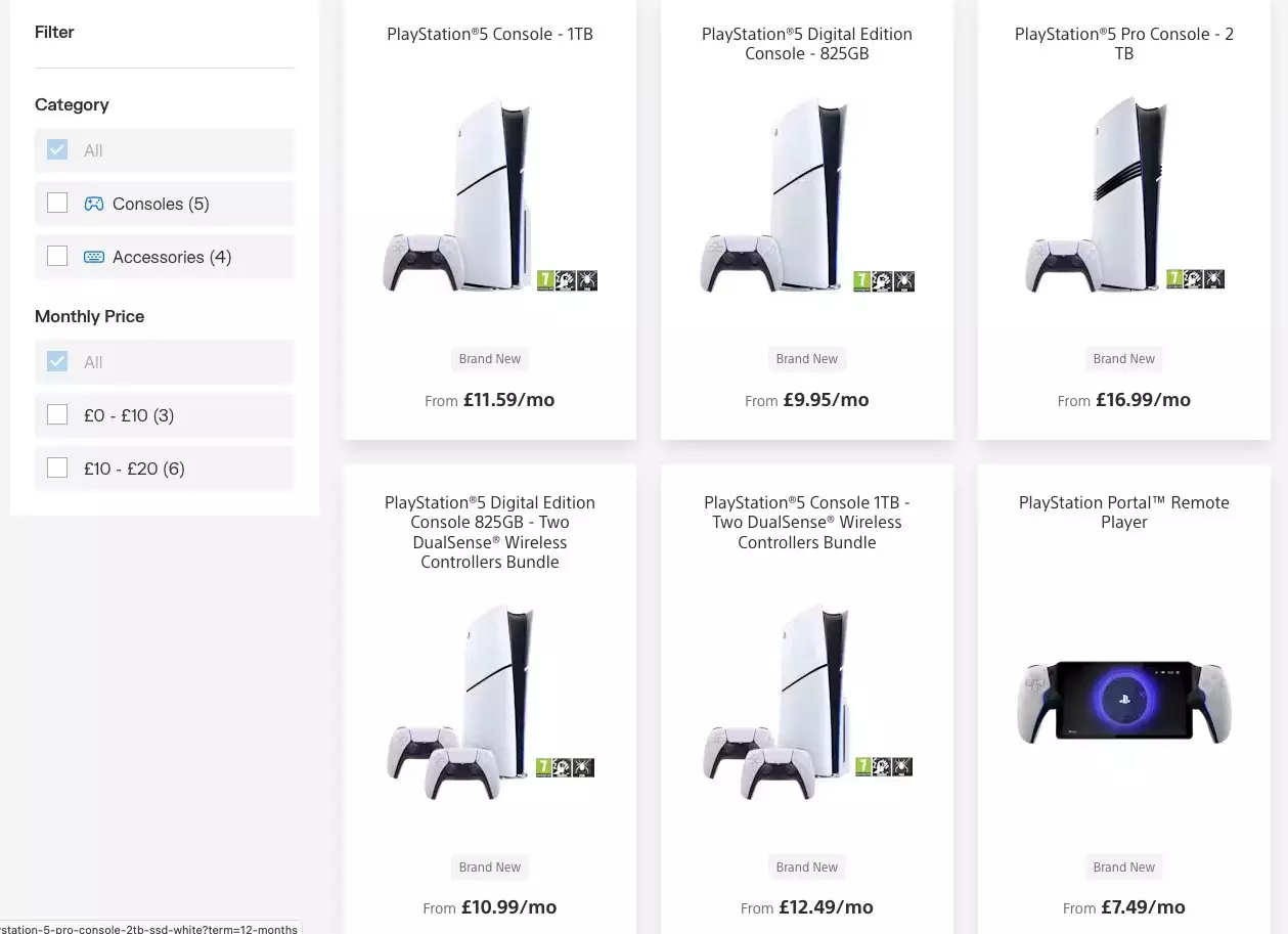 Flex lease listings on PlayStation website.