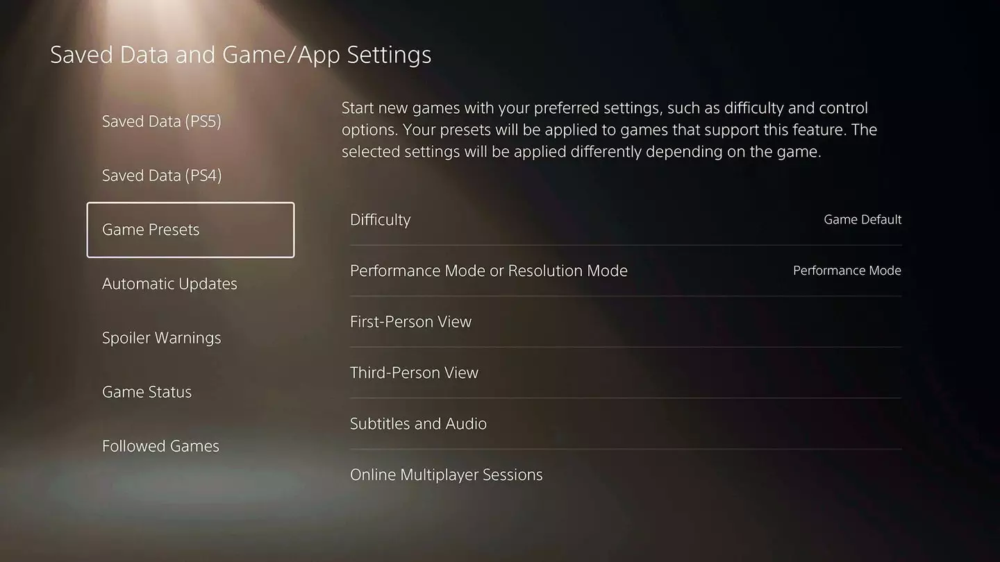 Change the PS5 game presets, GAMINGbible