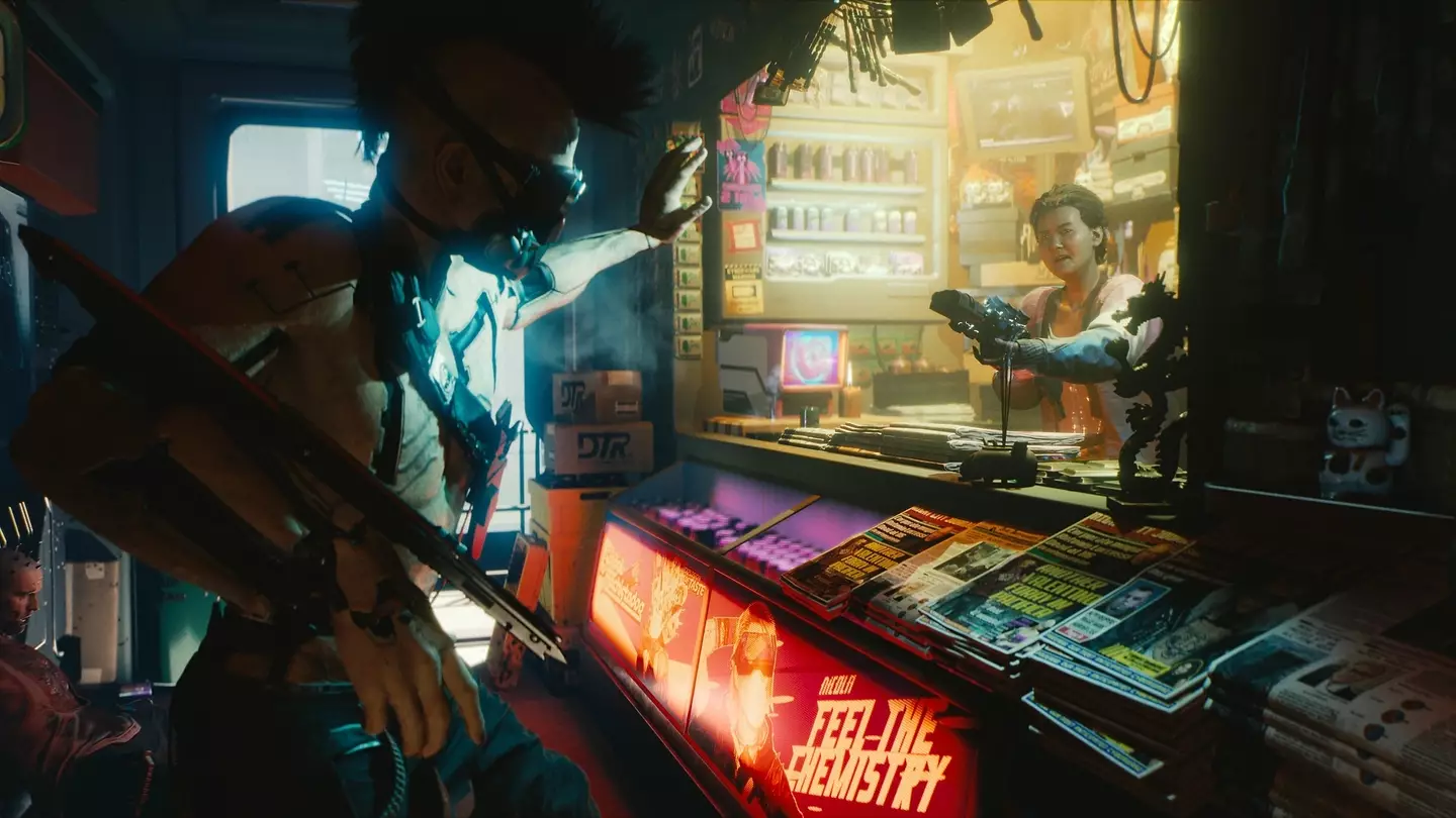 Image of a bloke have the tables turns on him in Cyberpunk 2077, CD Projekt RED