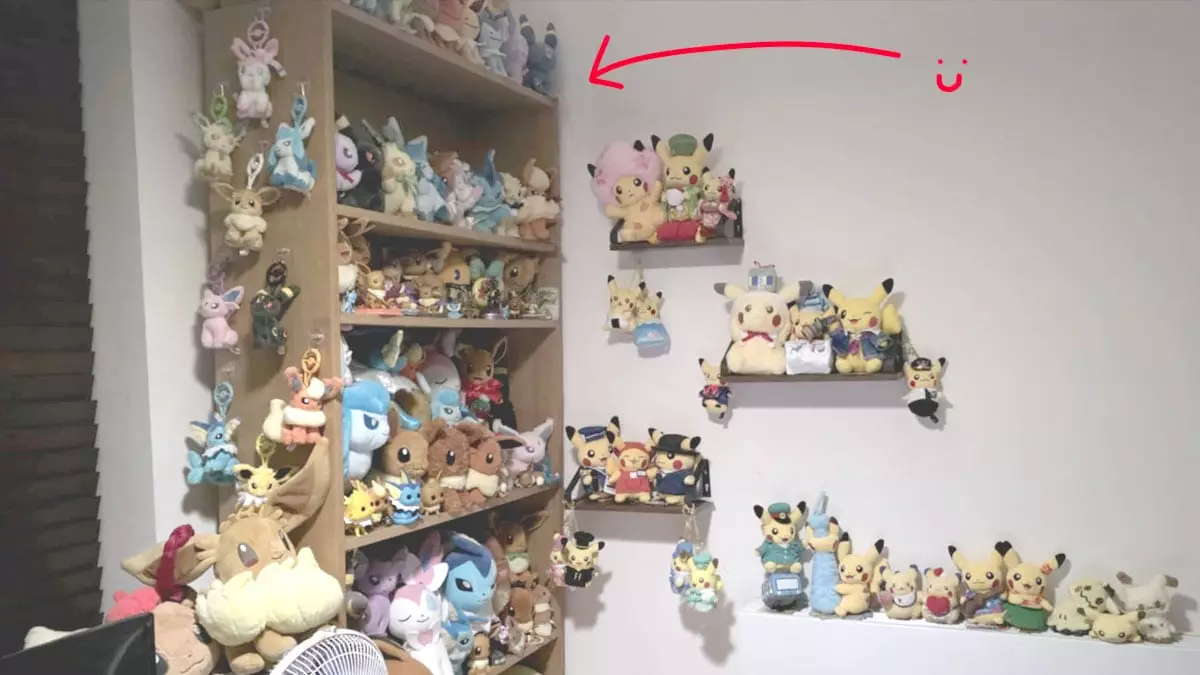 An IKEA Billy bookcase filled with Eevee plushies