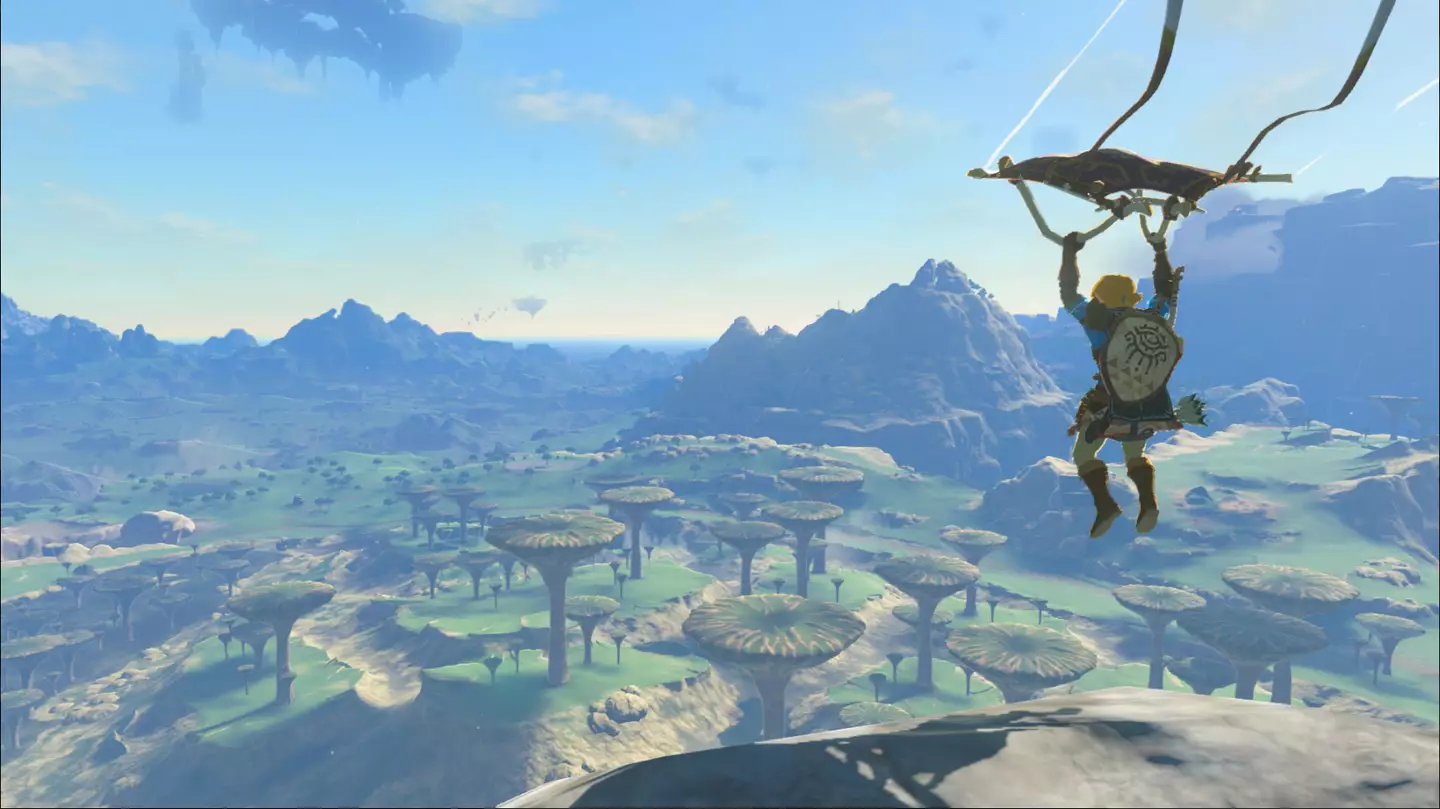 Link using his paraglider in The Legend of Zelda: Tears of the Kingdom. /