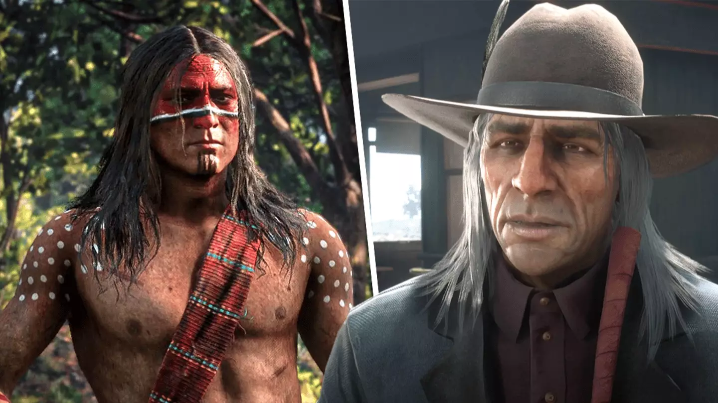 Eagle Flies (left) and Rain Falls (right) (Harrold, 2023) Two scenes from the video game: on the left, a shirtless warrior (Eagle Falls) with red face paint and a sash; on the right, an older man (Rain Falls) wearing a suit and hat.