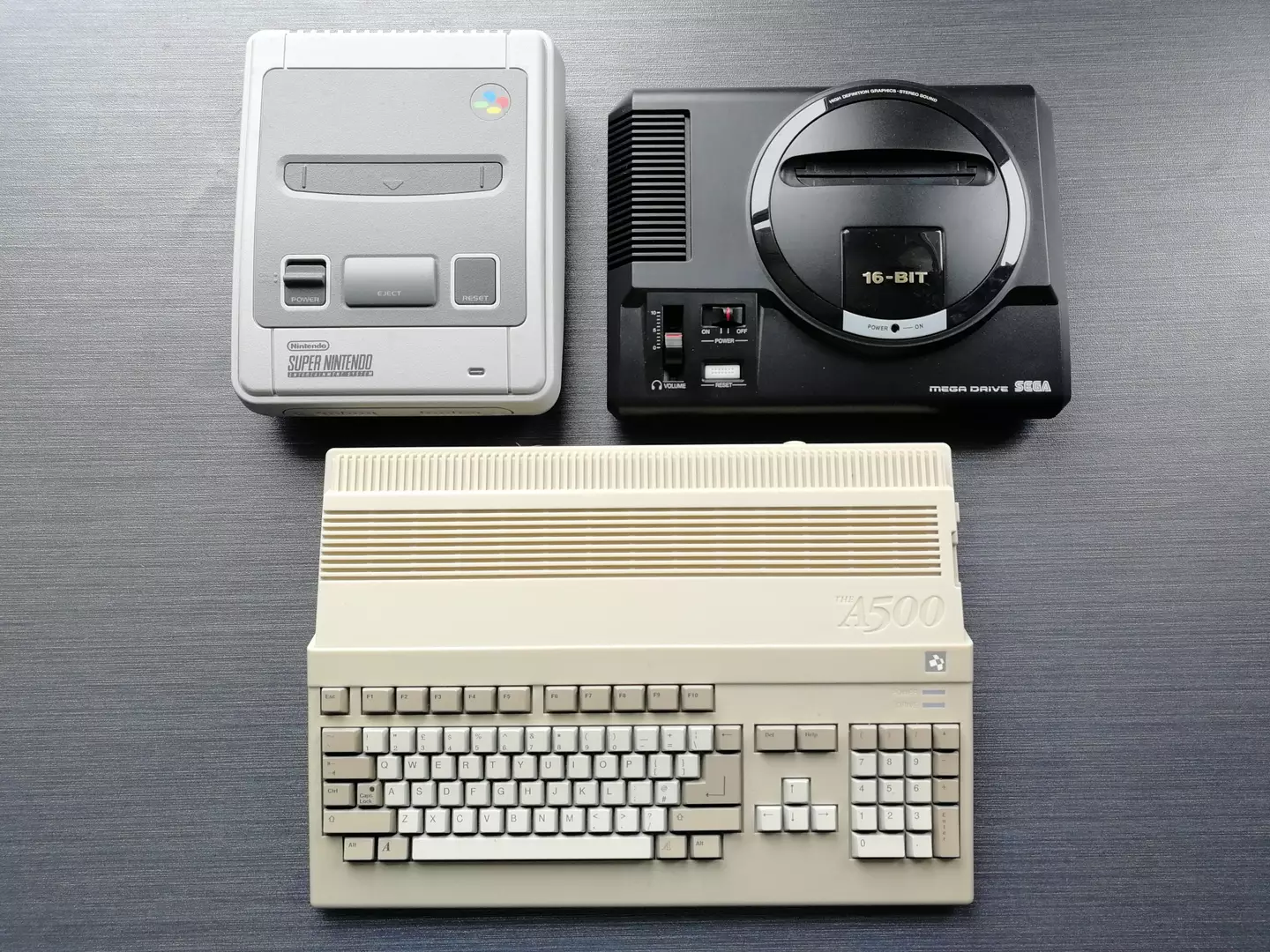 The A500 Mini beside the mini-console versions of the SNES and Mega Drive / credit: the author