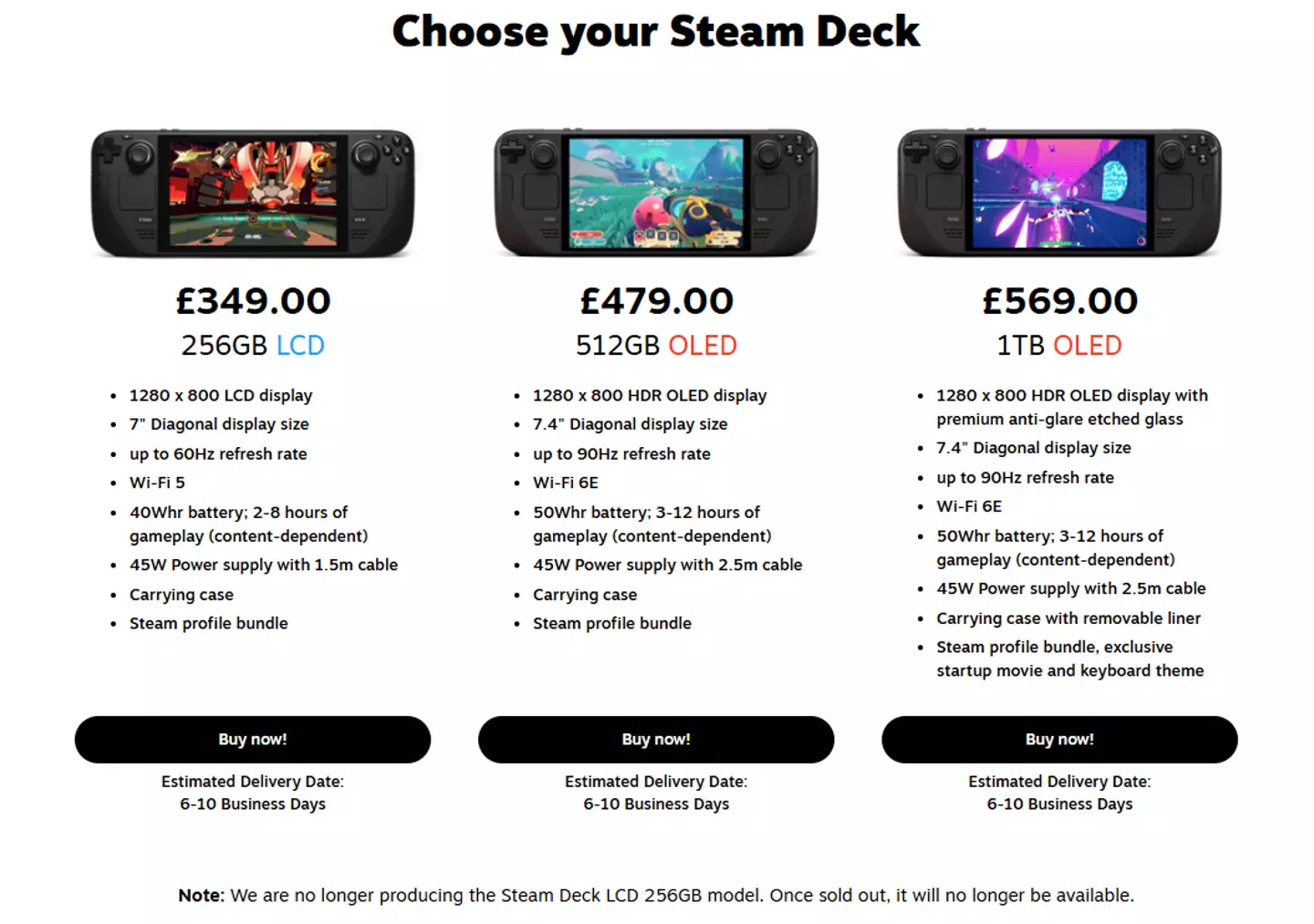Steam Deck purchase options from the official Steam storefront, Valve