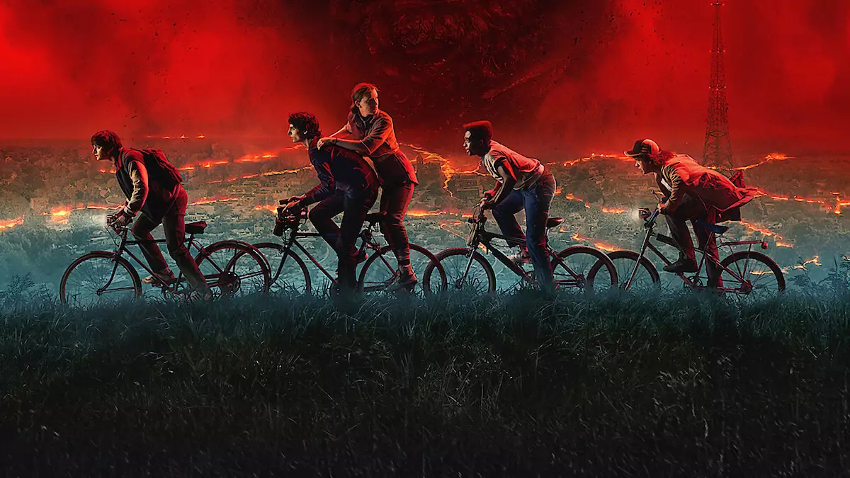 A promo image for season 5 of Stranger Things, featuring the squad running away from Netflix's lawyers