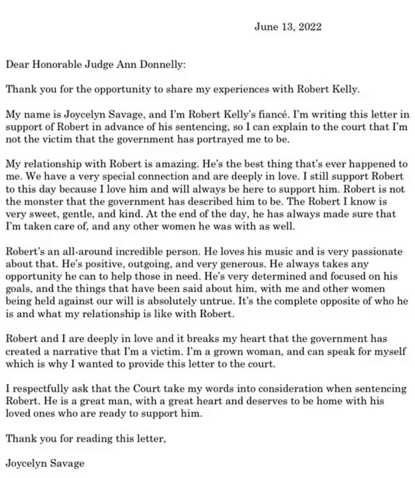 Joycelyn Savage gave this letter to Judge Ann Donnelly before R Kelly was sentenced.