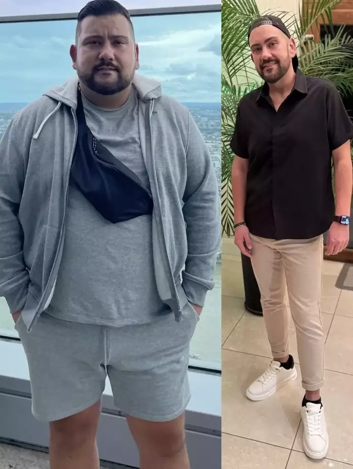 Marc McKee before and after his nine stone transformation (Supplied)