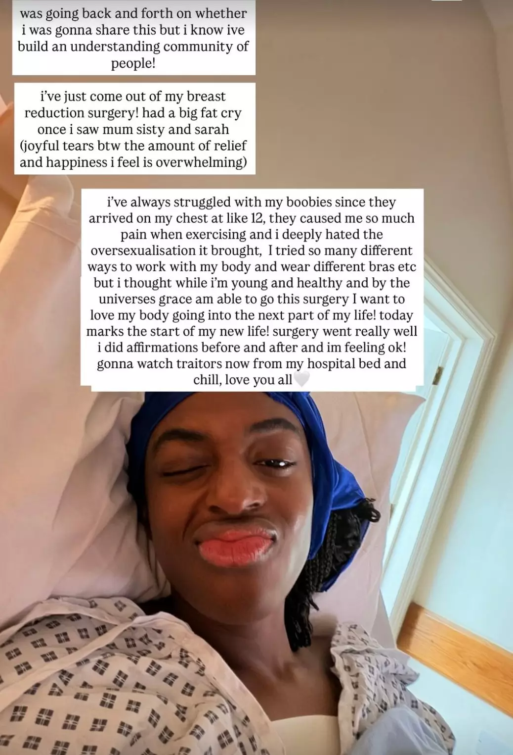 Cat shared a selfie from her hospital bed on Wednesday (Instagram/@catburns)
