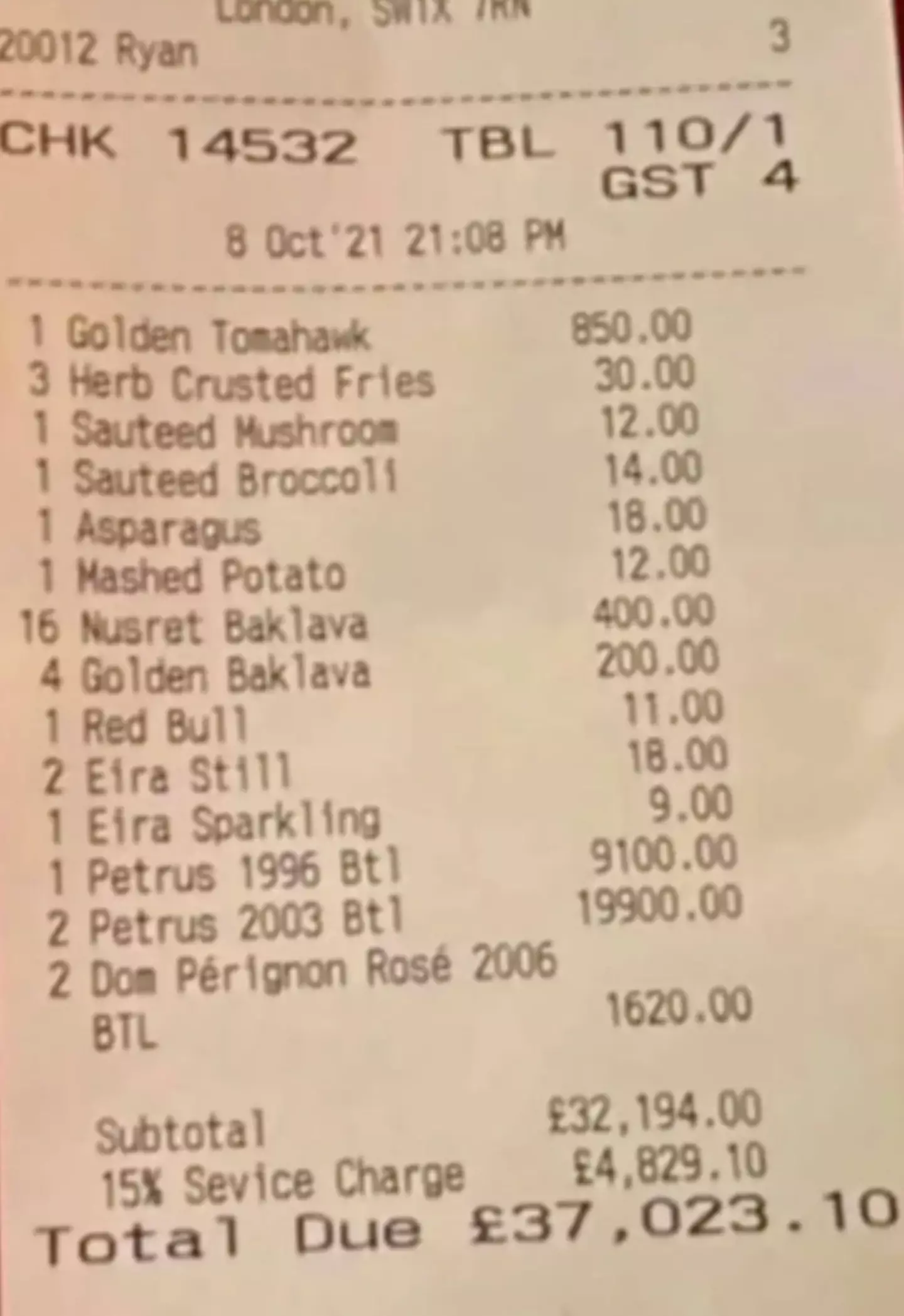 The jaw-dropping bill at Salt Bae's Nusr Et restaurant in London.