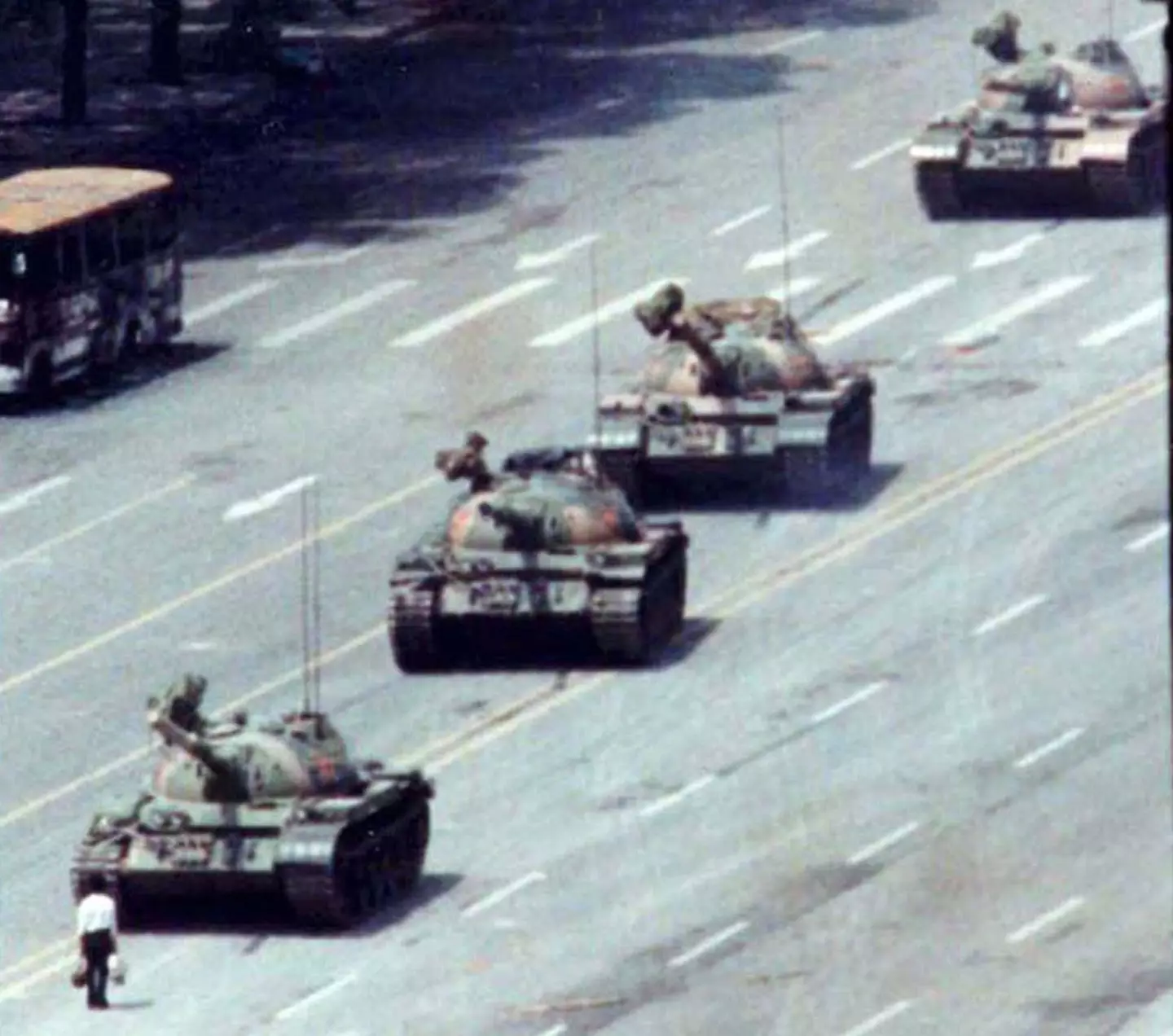 A Beijing citizen stands in front of tanks on the Avenue of Eternal Peace in this June 5, 1989.