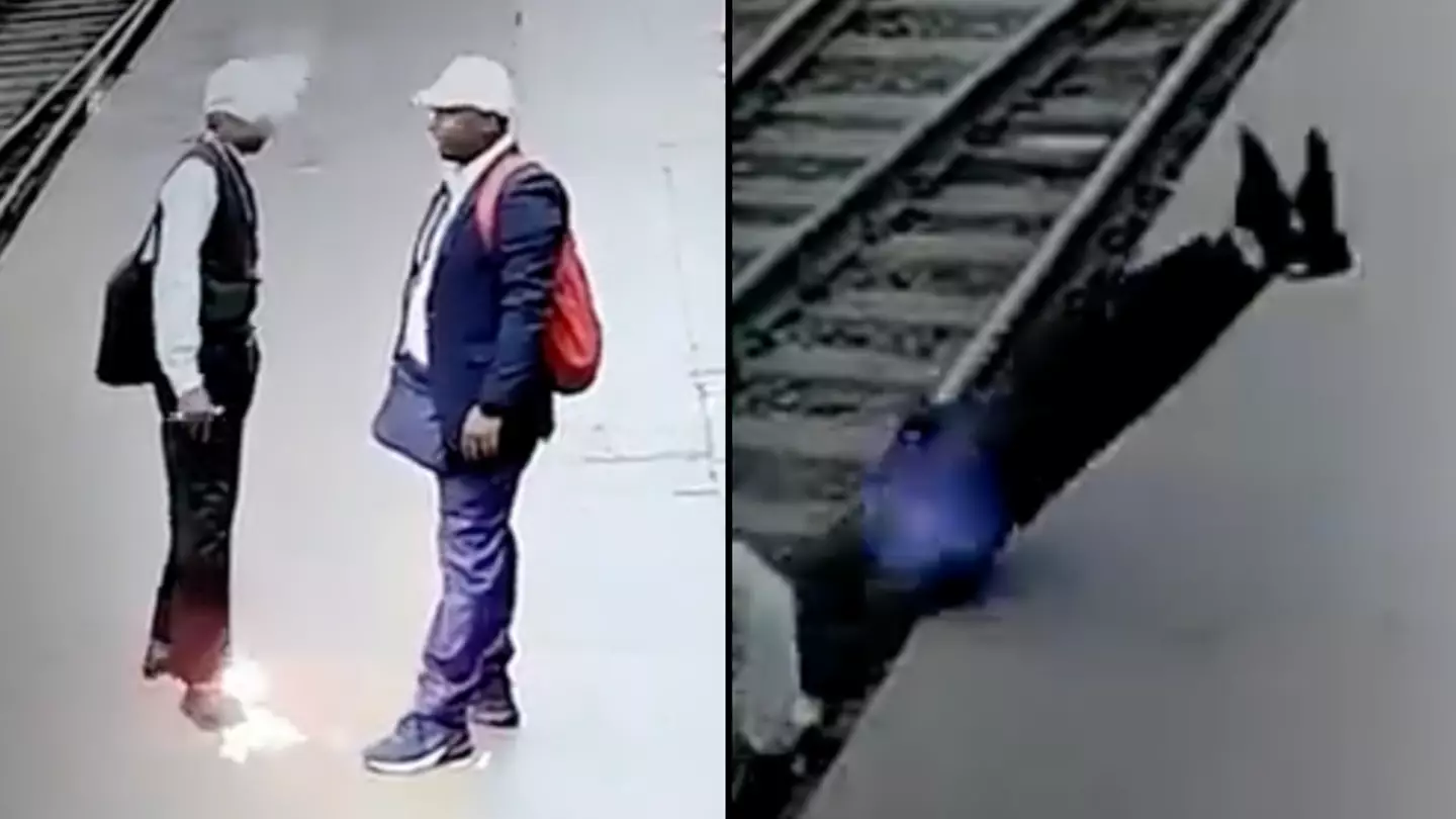 Railway worker cheats death after falling onto train tracks and getting electrocuted in shocking video