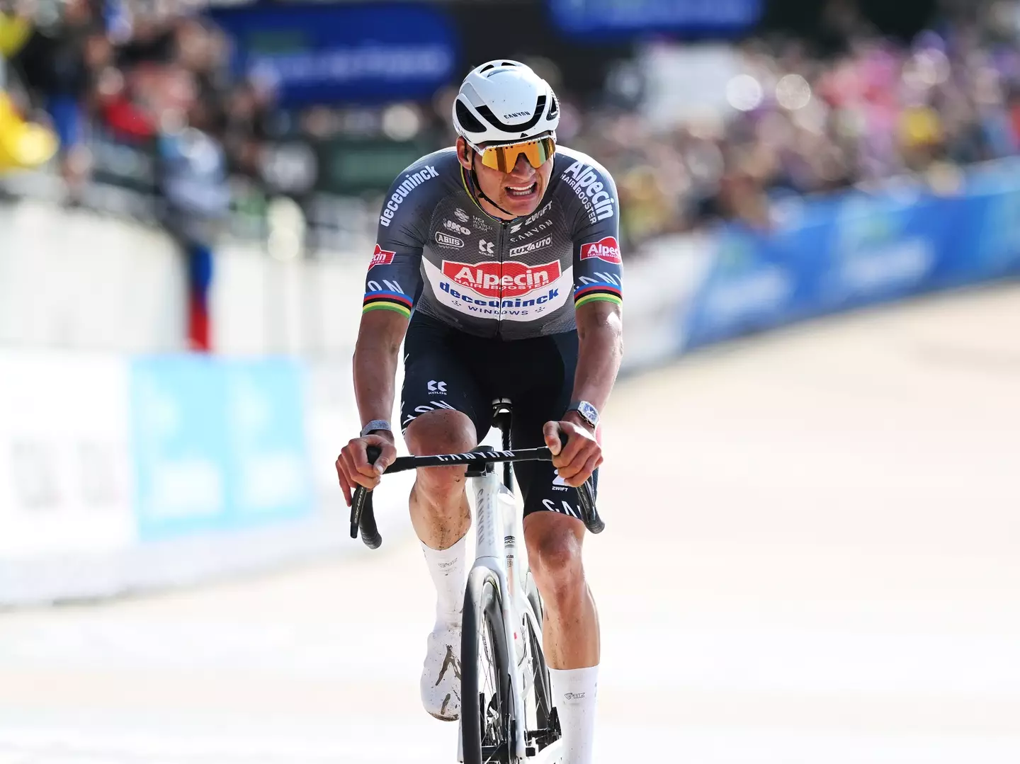 The 30-year-old still managed to win his third Paris-Roubaix in a row despite the incident (Dario Belingheri/Getty Images)