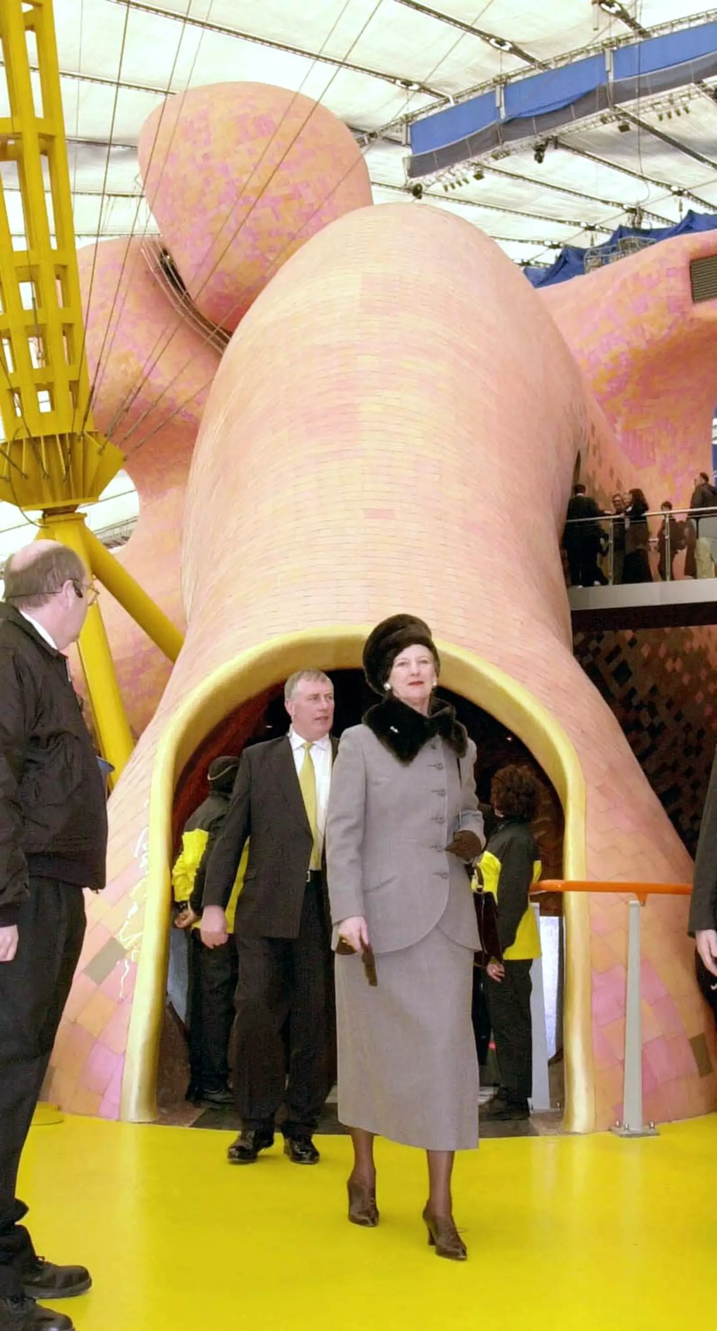 Queen Margrethe of Denmark and Prince Henrik emerge from the Body Zone during a tour of the Millennium Dome (JOHN STILLWELL/POOL/AFP via Getty Images)