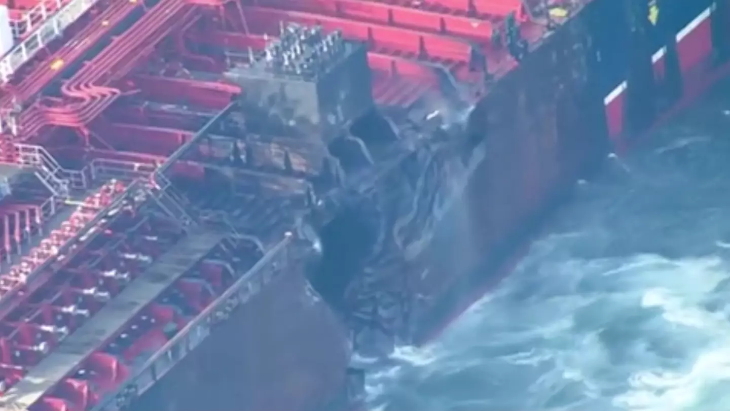 Newly released aerial footage shows devastating impact of explosion on oil tanker off UK coast