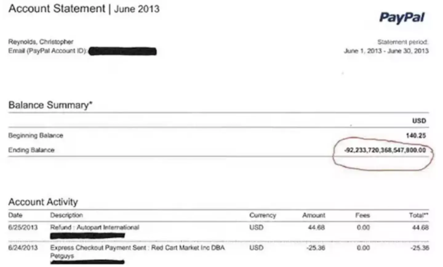 Chris Reynolds' whopping PayPal balance.