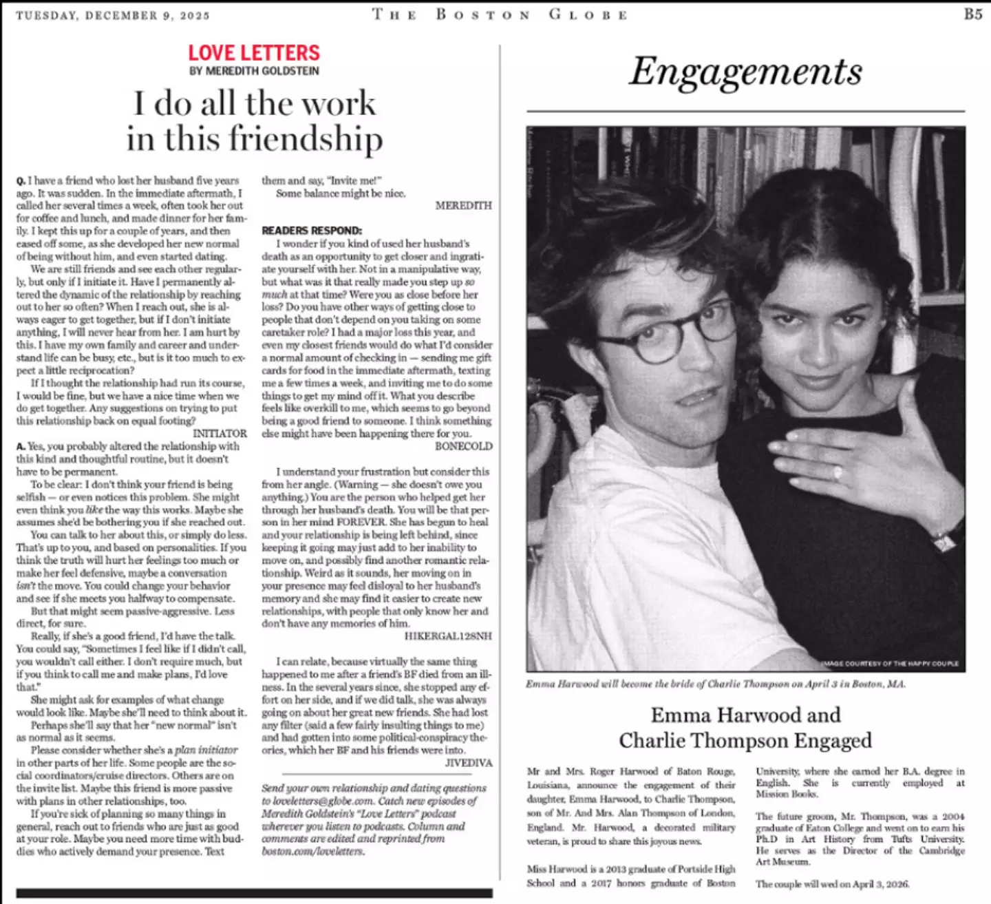 An announcement was put in the Boston Globe (Boston Globe)