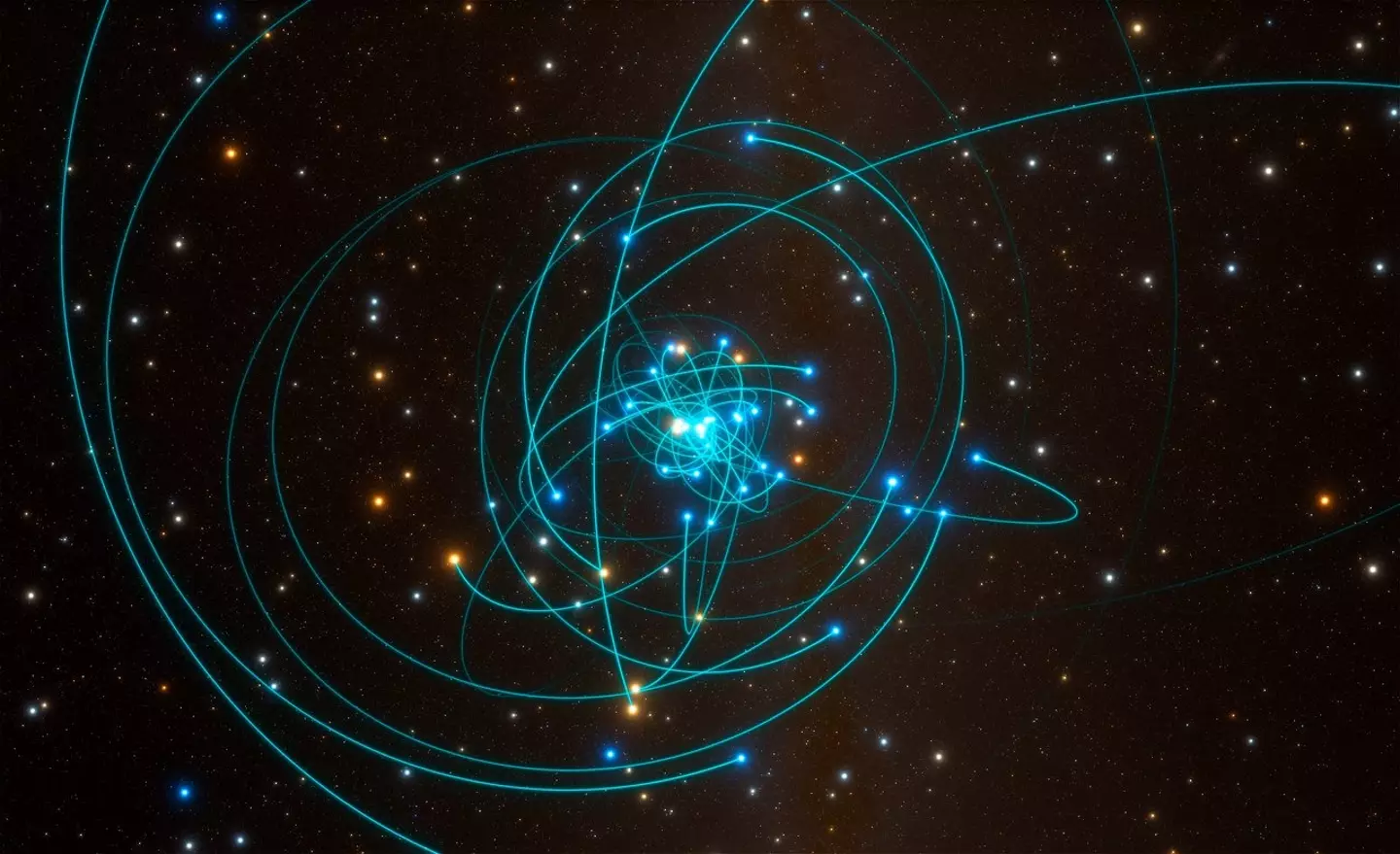Orbity gwiazd znajdują się bardzo blisko supermasywnej czarnej dziury w sercu Drogi Mlecznej (ESO/L. Calçada/spaceengine.org)