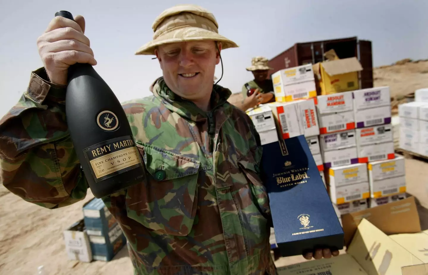 Duty free goods seized by the British Army after Iraqis allegedly looted alcohol from Basra International Airport in southern Iraq.