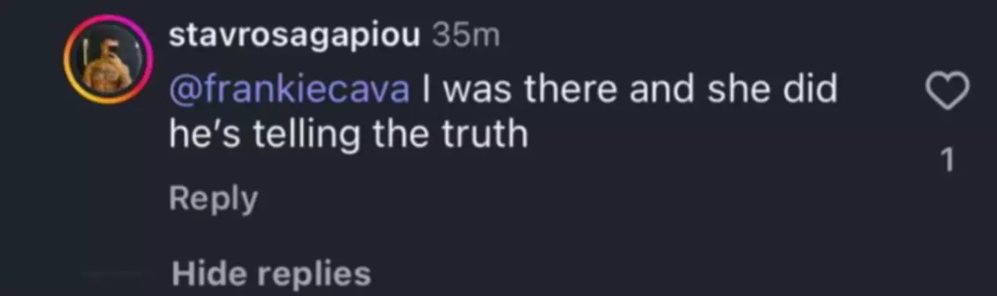 The original comment was deleted soon after (Instagram)