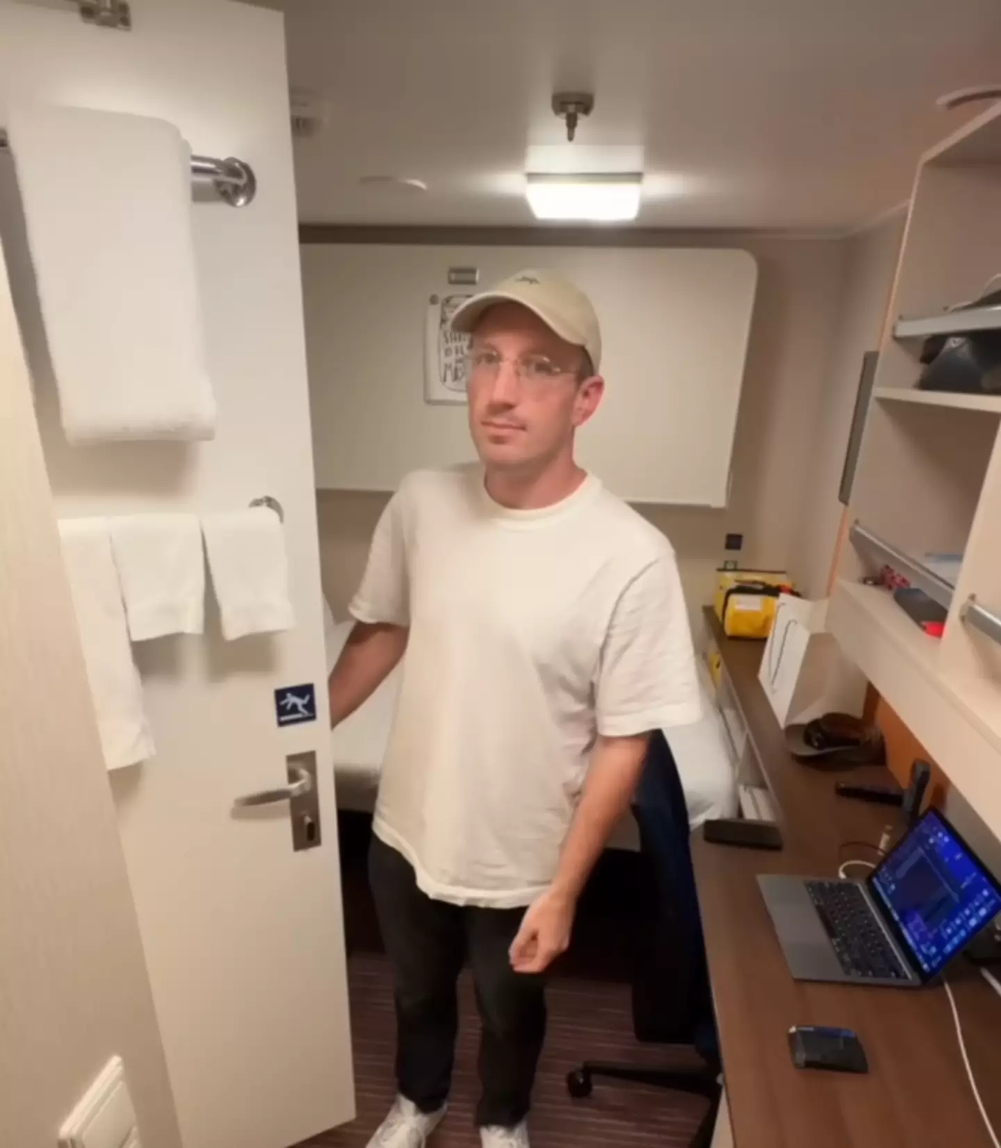 Bryan James in one of the cabins he bunked in (@bryanjamescruises / YouTube)
