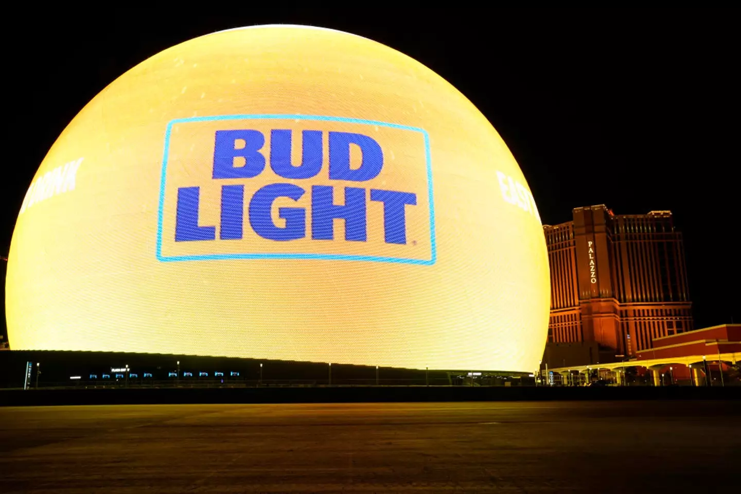 An add for Bud Light is displayed on the Sphere arena ahead of Super Bowl LVIII in Las Vegas.