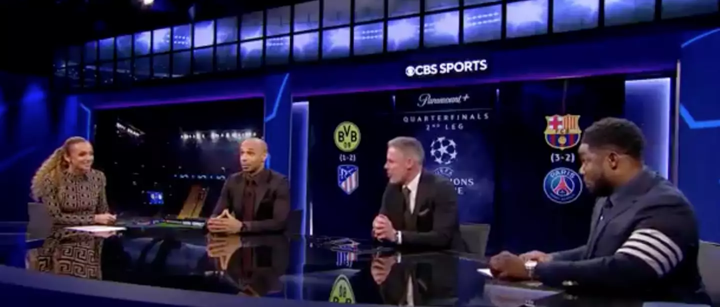 Kate Abdo was joined by Thierry Henry, Jamie Carragher and Micah Richards during their Champions League coverage on Tuesday (16 April). (CBS)