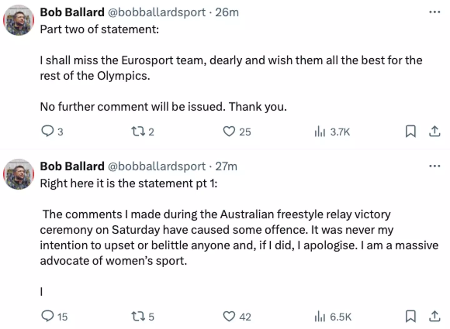 His statements. (X/@bobballardsport)