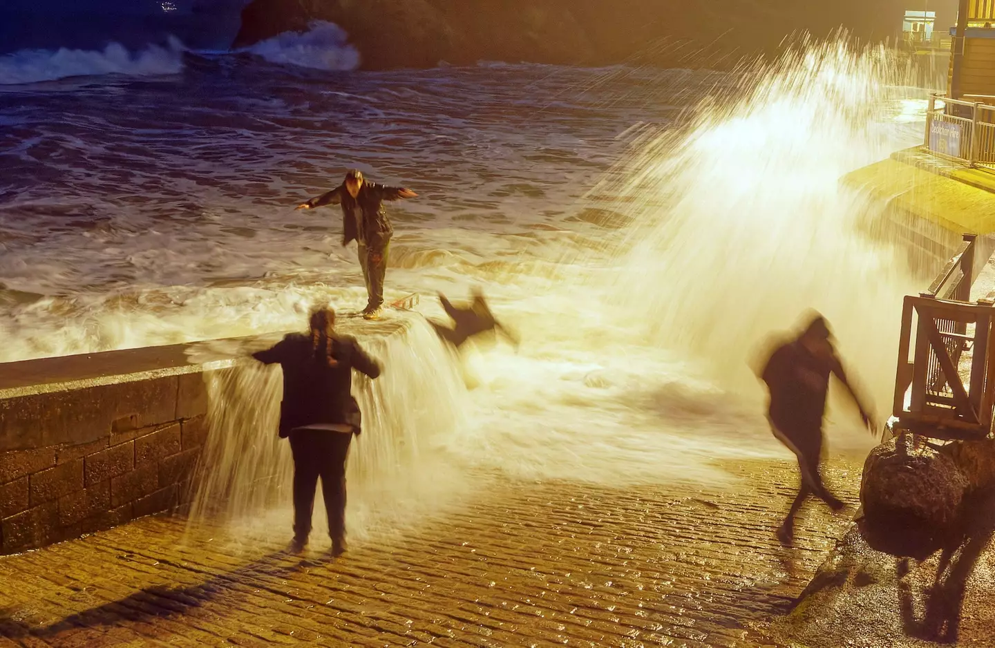 She was smashed off the wall by the crashing waves.