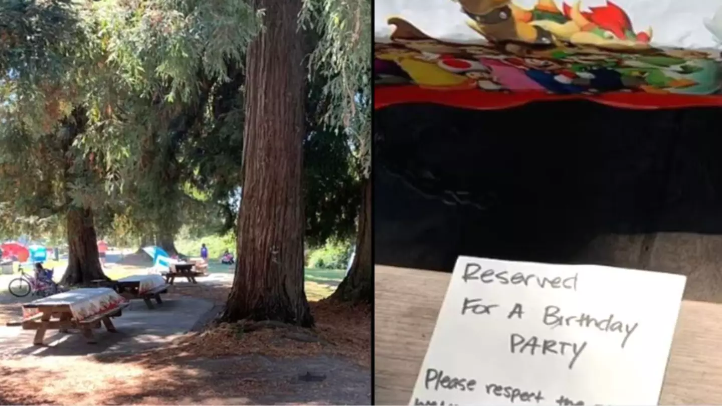 Parents reserve park benches for kid’s birthday party with rude note