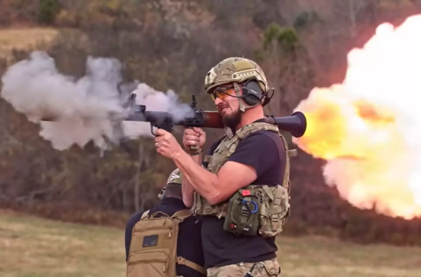 Adam firing the RPG-7, with a slow-mo shot demonstrating the backblast.