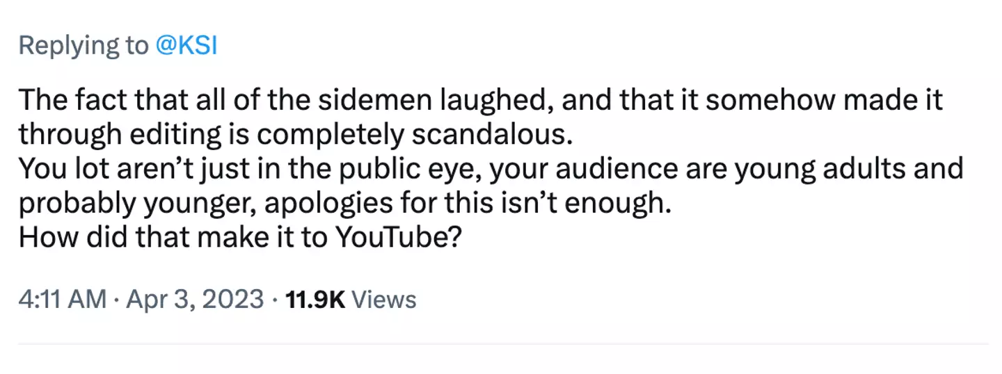 KSI has been hit with backlash over the comment.