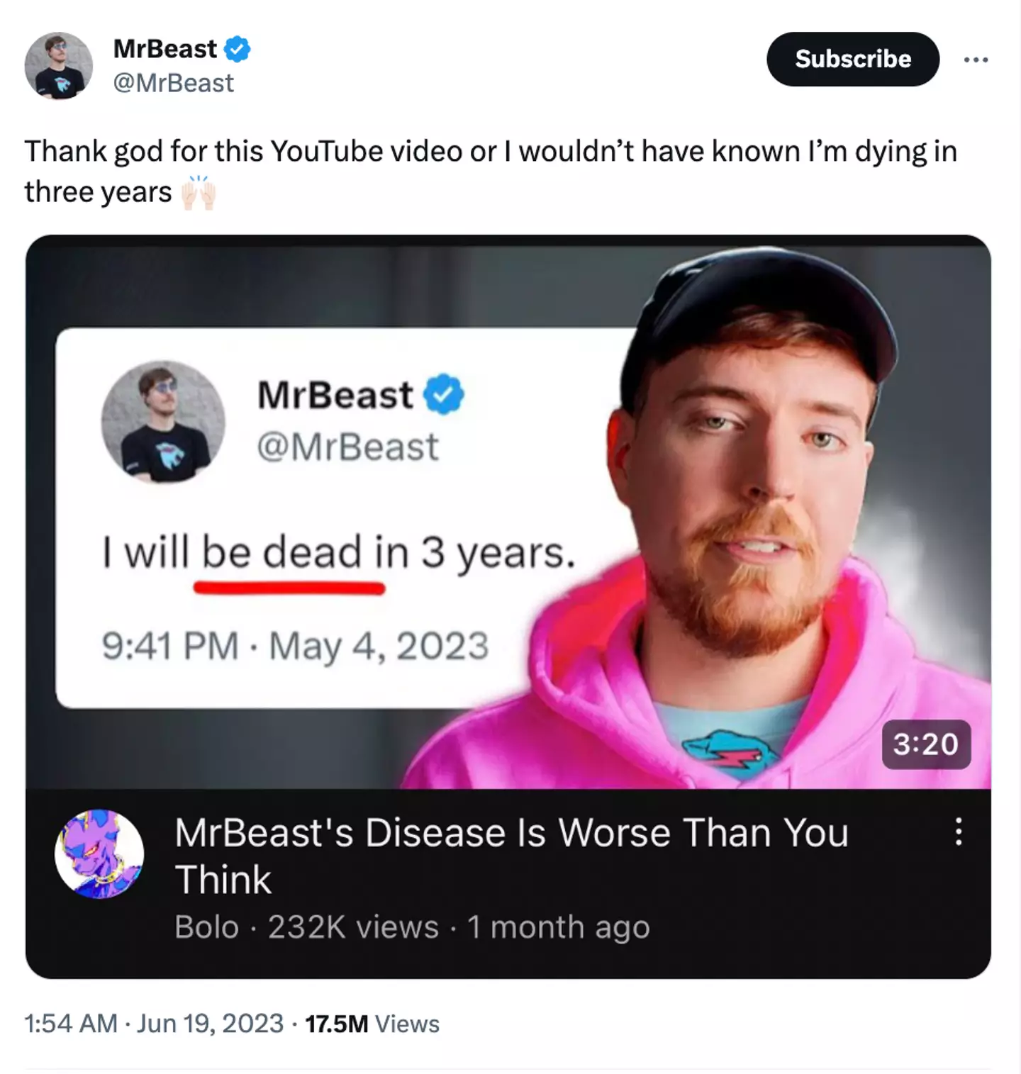 MrBeast shared a YouTube thumbnail with a fake tweet of his in it.