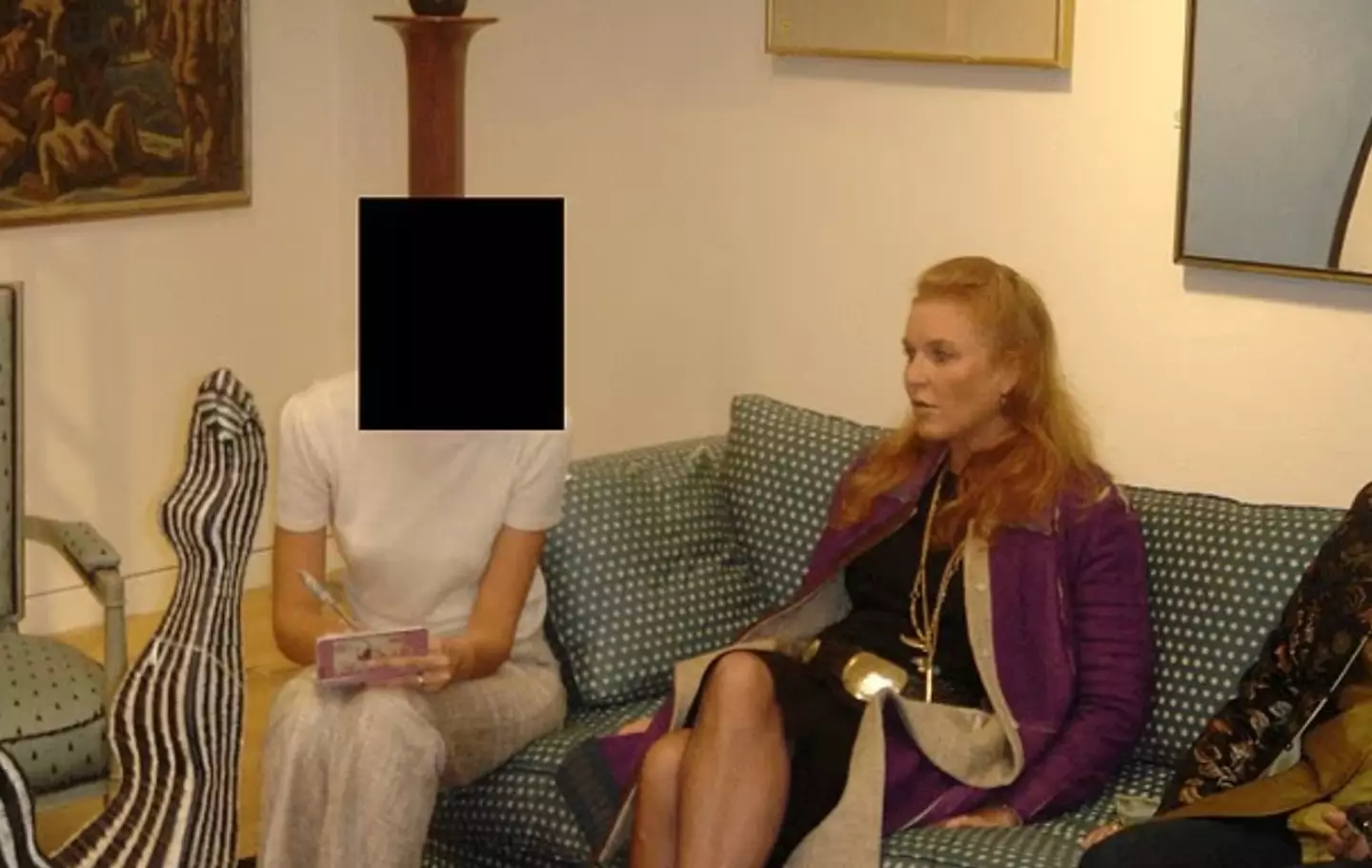 One shows her on a sofa alongside an unidentified woman (Department of Justice)