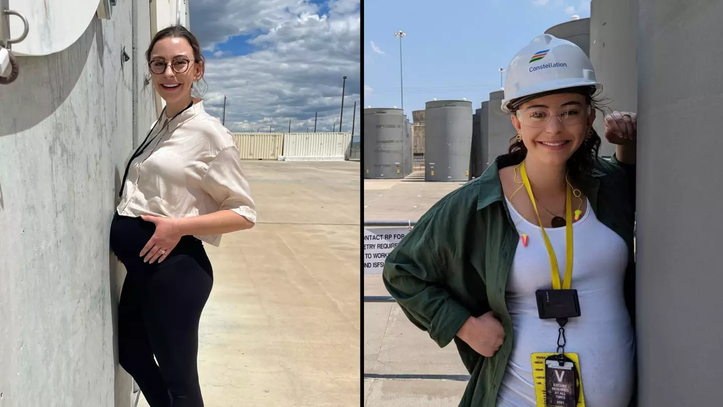 Pregnant pro-nuclear energy campaigner rubs baby bump against radioactive waste container to 'prove it's safe'