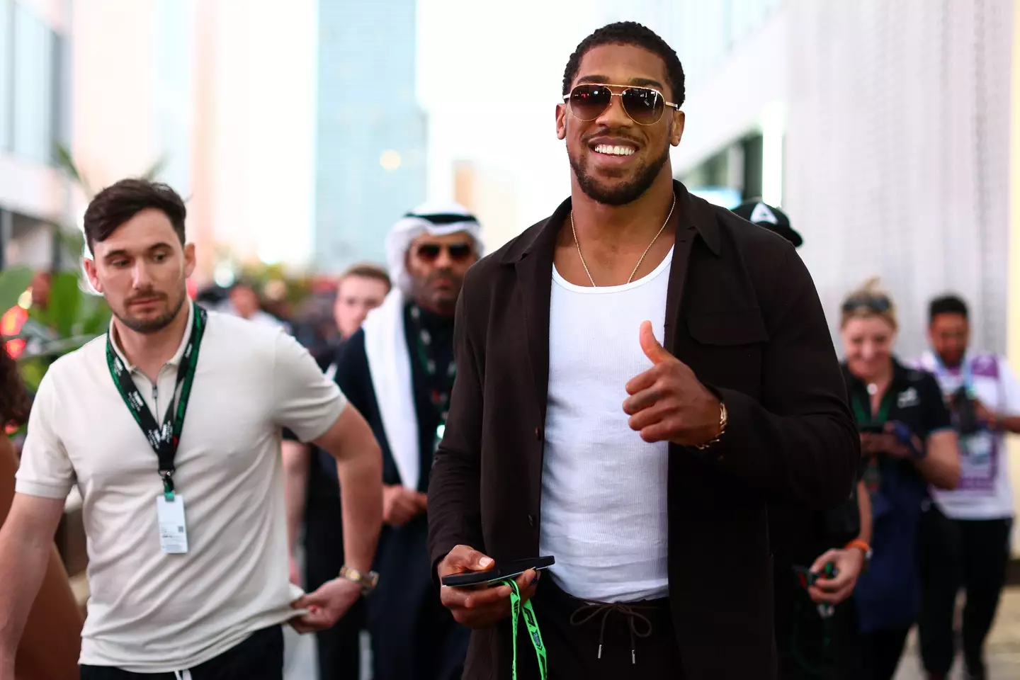 Anthony Joshua was at the F1 following his fight with Francis Ngannou last night (8 March).