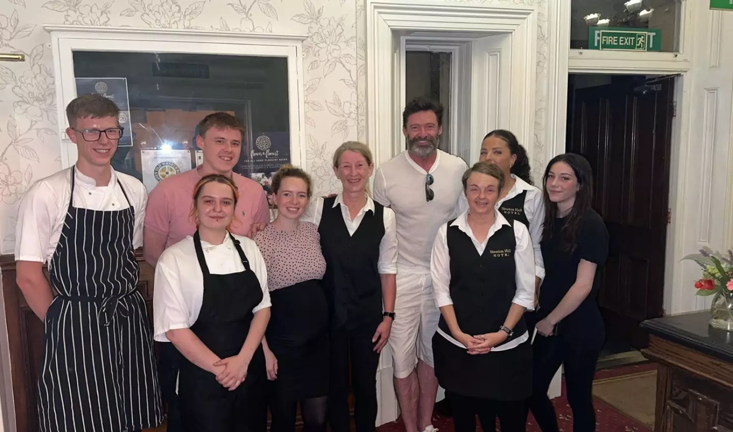 Hugh Jackman with the staff at Steeton Hall Hotel.