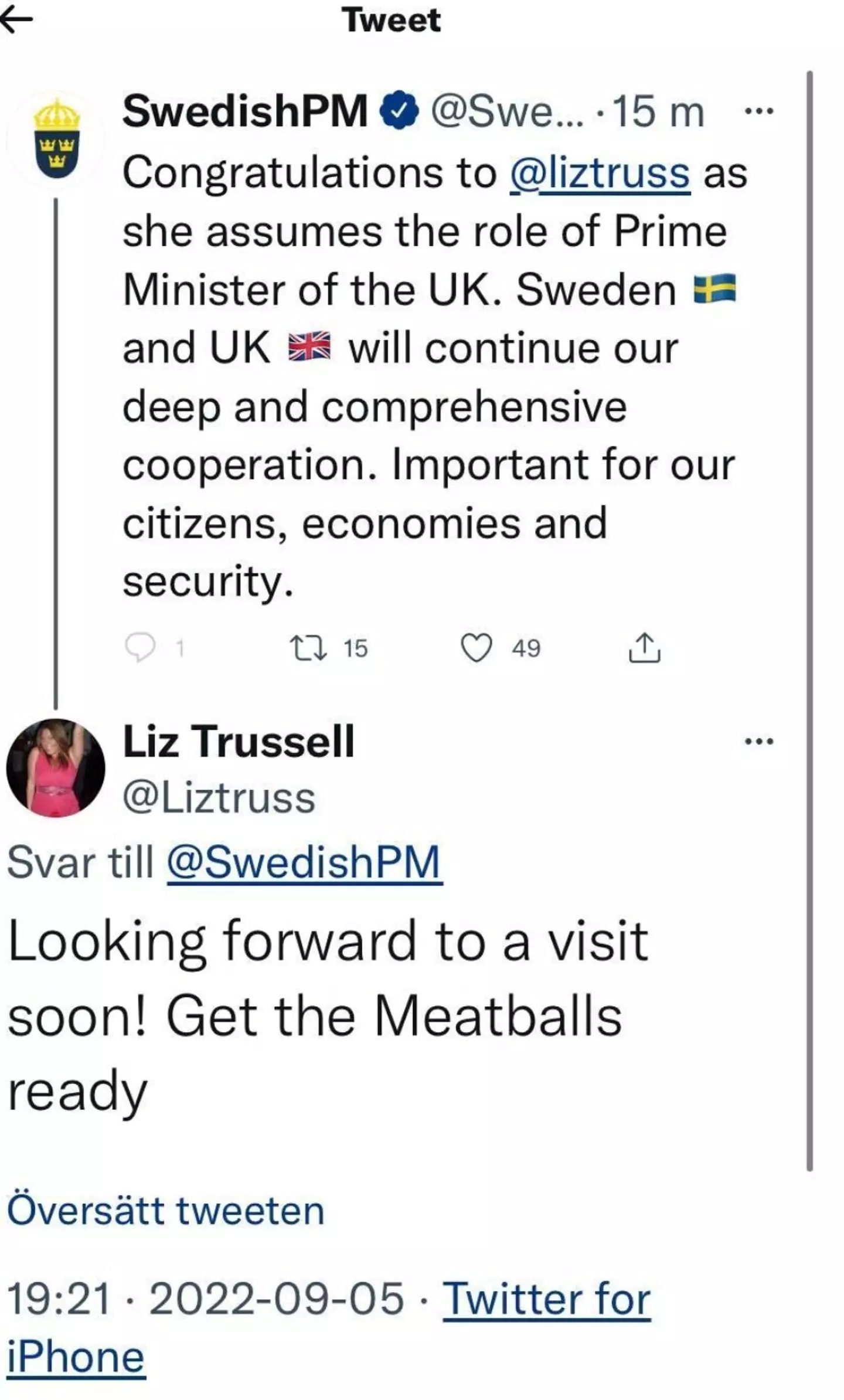 Andersson mentioned the wrong Liz Truss, tagging the account @LizTruss instead of @trussliz.