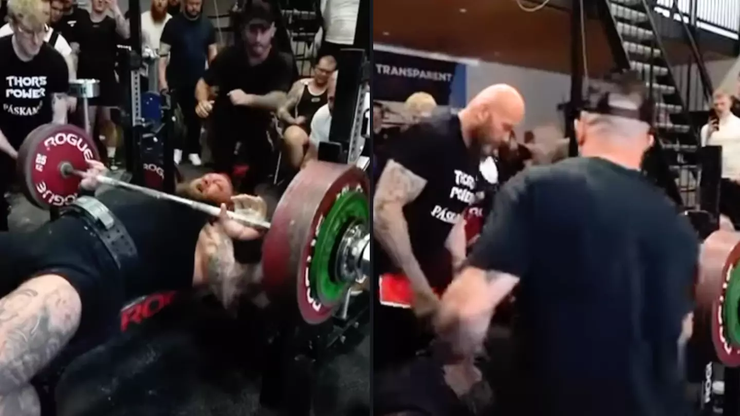 The Mountain screams in agony as you can hear his pec tear during bench press