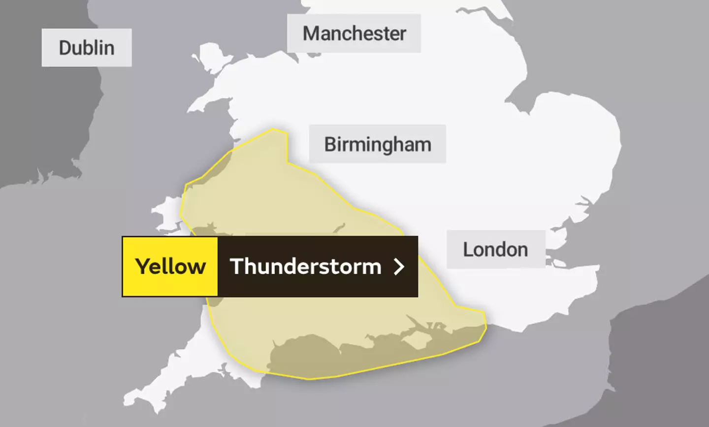 The Met Office has issued a yellow thunderstorm warning for parts of the UK.