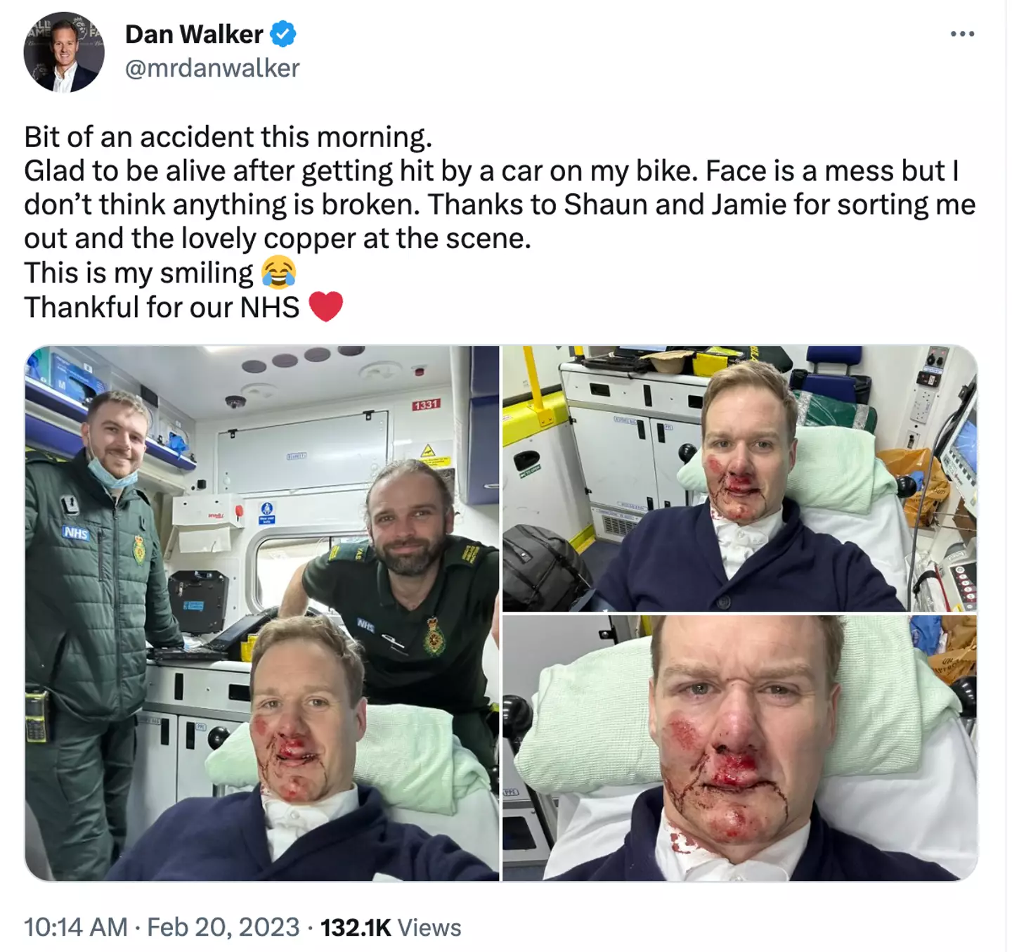 The presenter thanked the NHS after his accident.