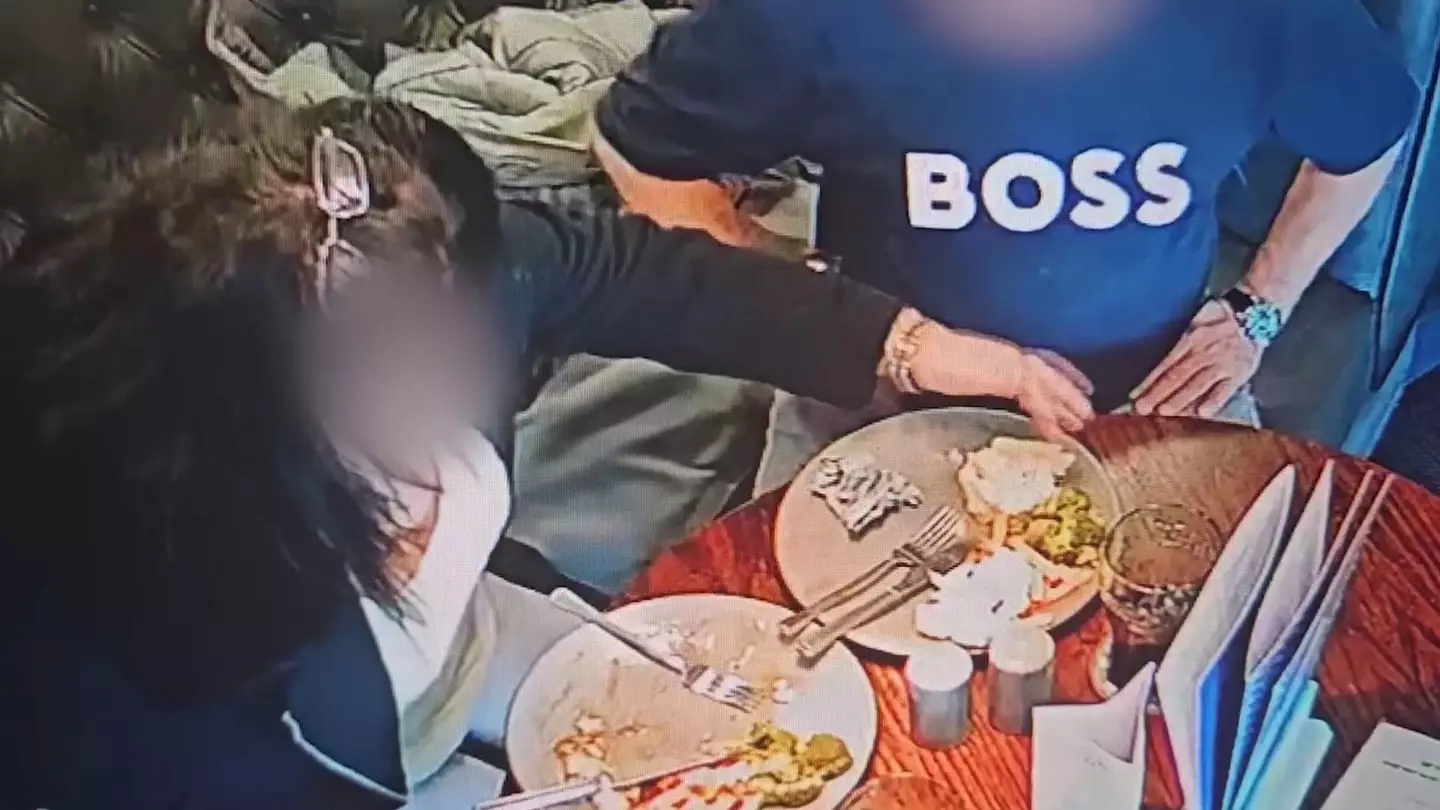 CCTV footage shows the shocking moment a woman puts a hair in her meal before demanding a refund.