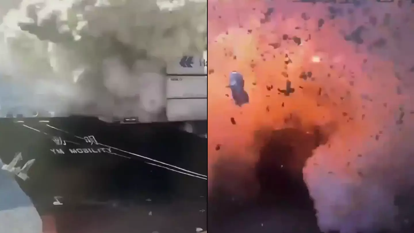 Huge container ship suddenly explodes into fireball while docked in port