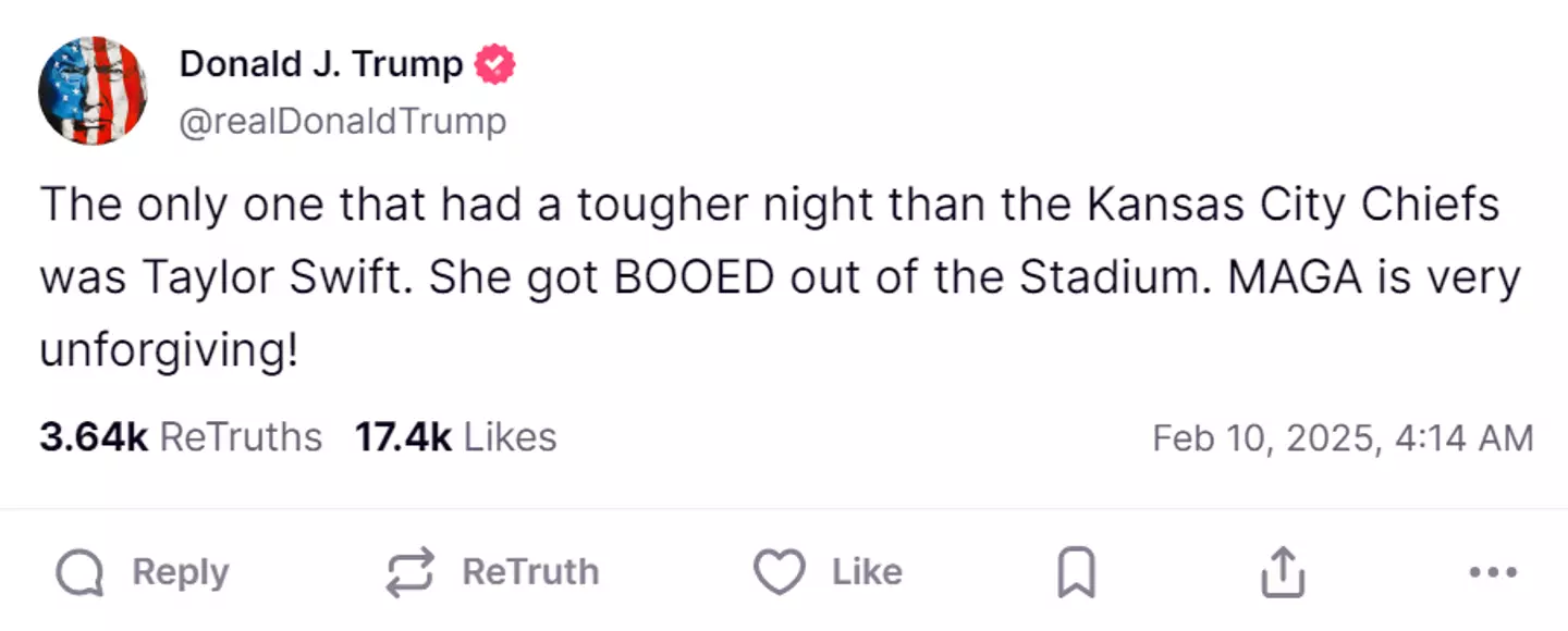 He went back in for another dig at Swift. (TruthSocial/@realDonaldTrump)
